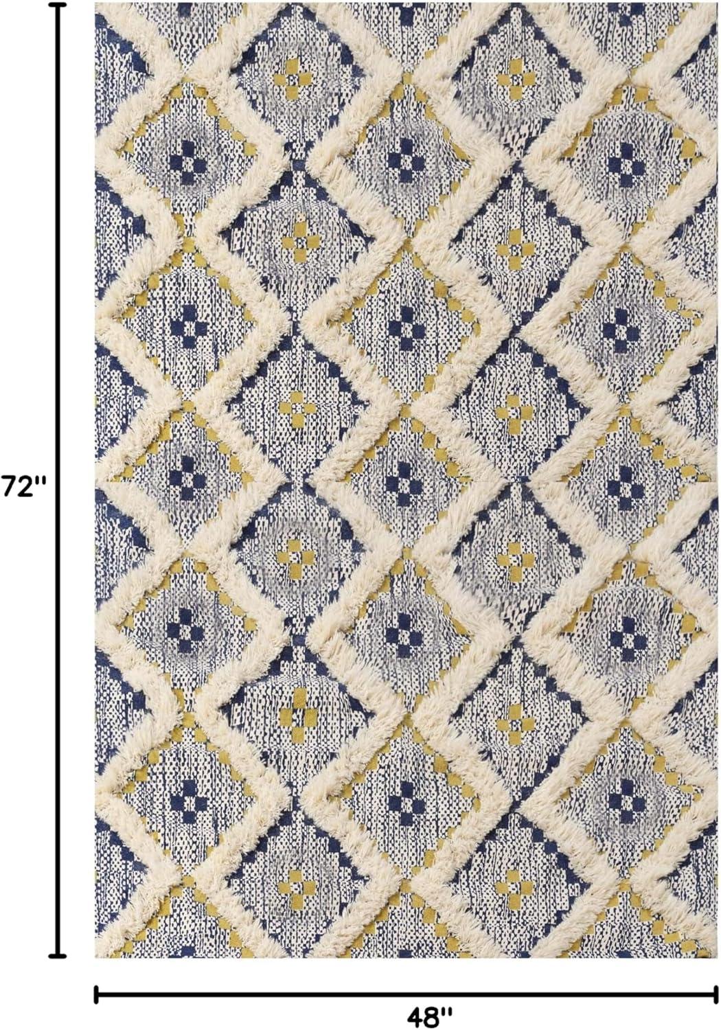 Superior Evren Hand-Tufted Cotton/Wool Textured Geometric Gold/Navy Blue Farmhouse Area Rug, 4' x 6'