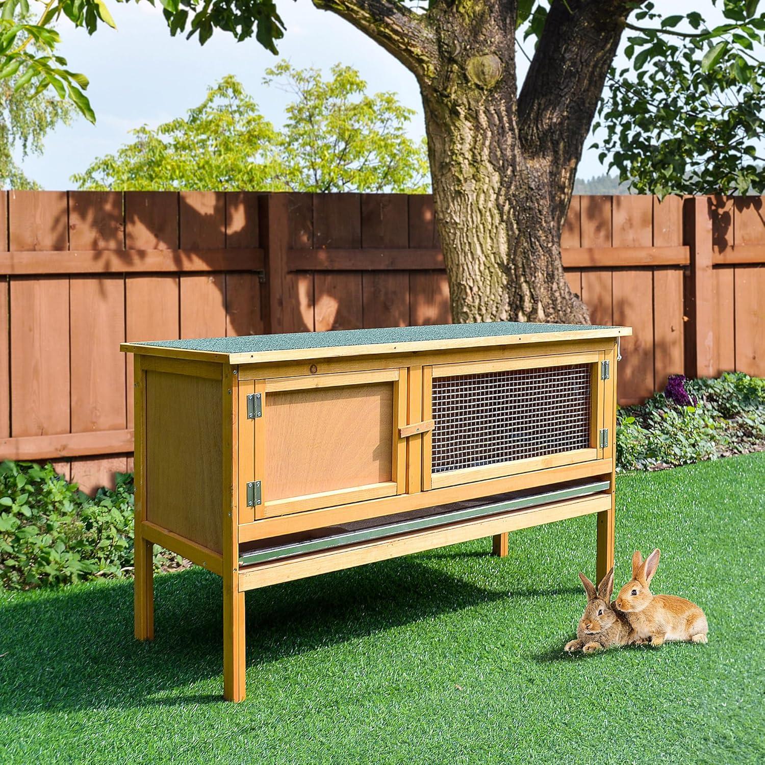 PawHut Wooden Rabbit Hutch Bunny Cage with Openable Waterproof Roof, No Leak Tray Sturdy Fir Wood Build for Indoor/Outdoor