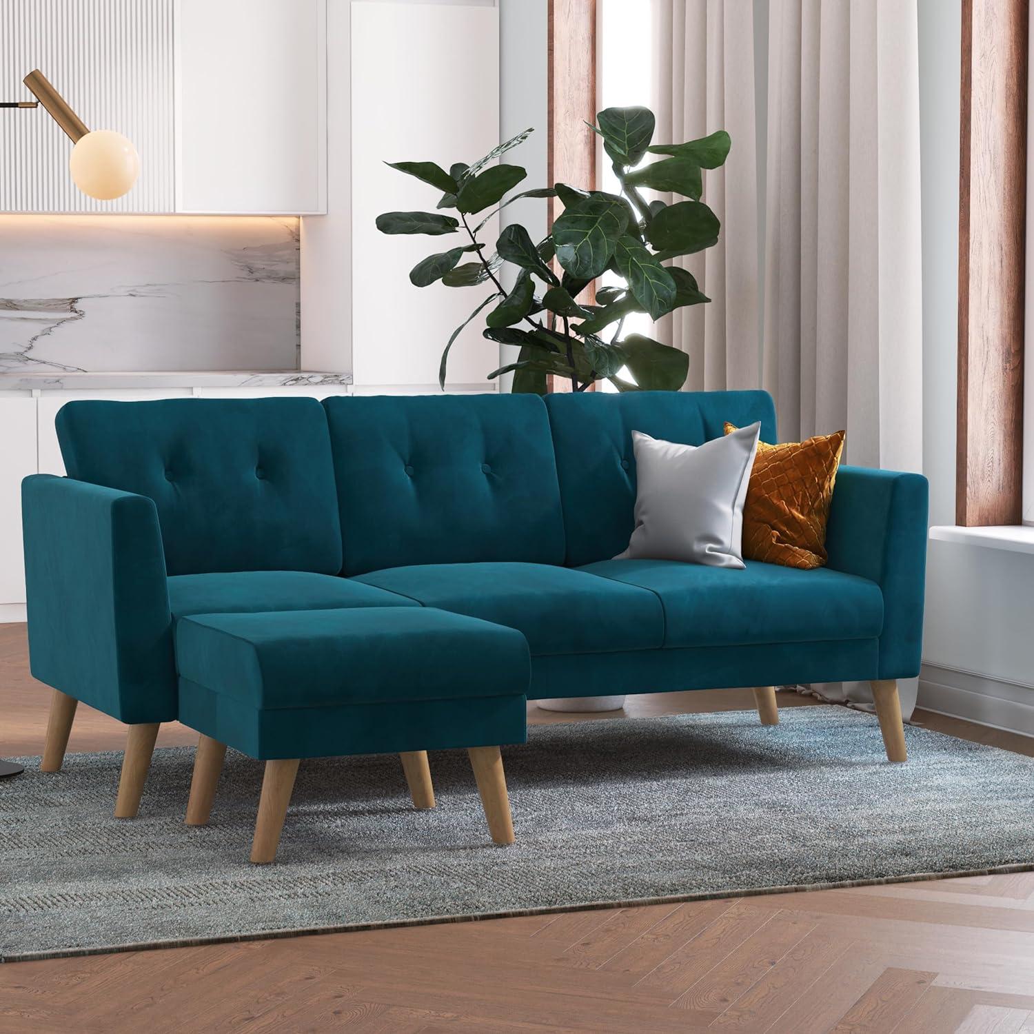 Chic Blue Velvet Tufted Sofa Sectional with Ottoman