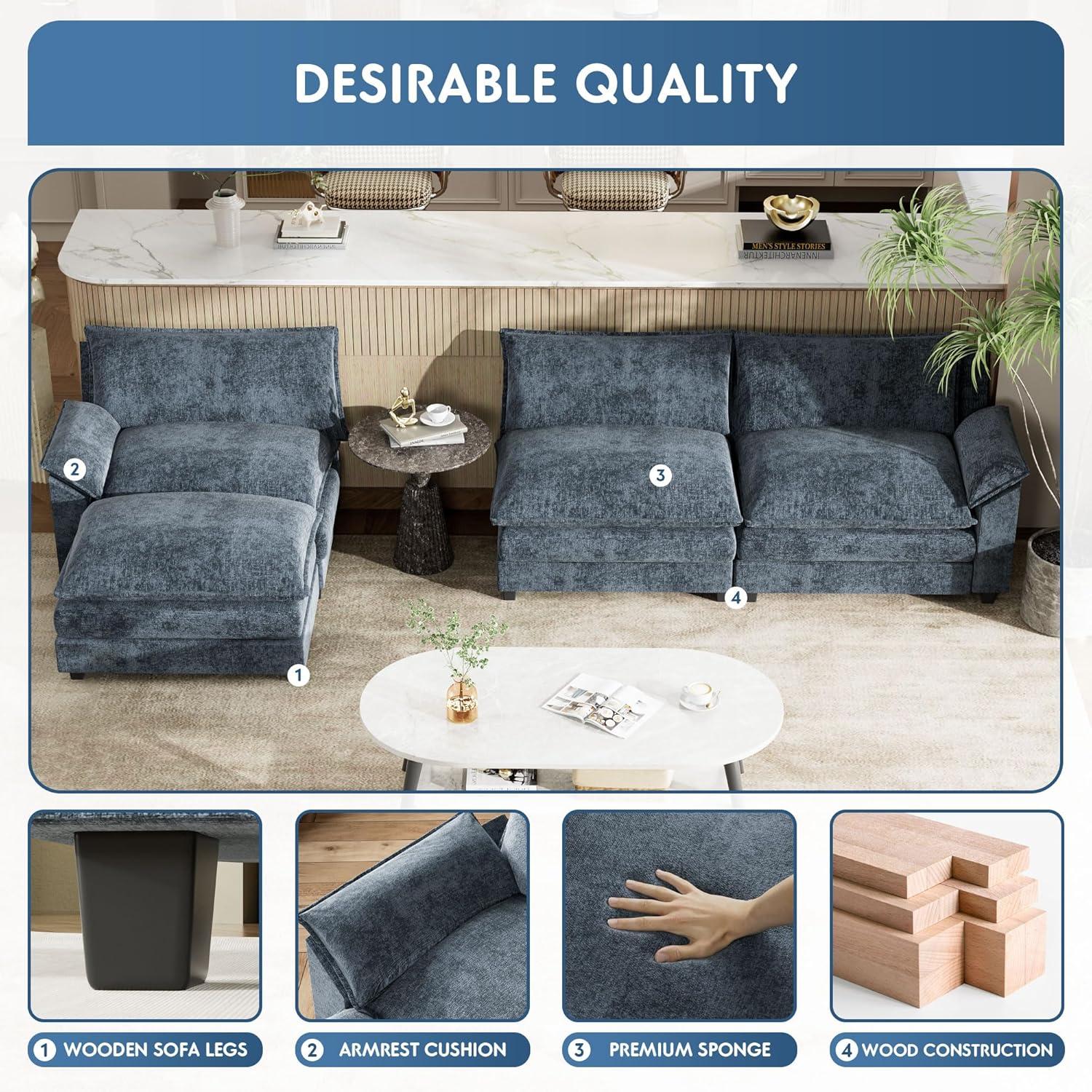 Blue Chenille Fabric L-Shaped Sectional Sofa with Ottoman