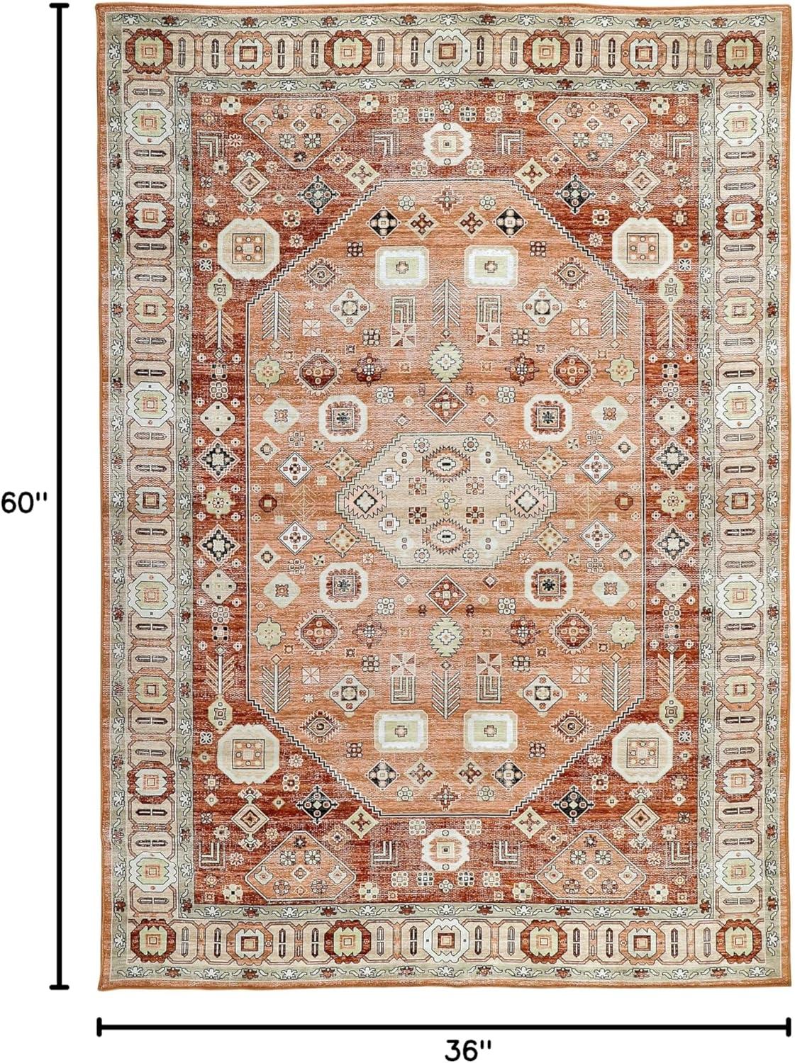 Machine Washable Thin Area Rug - Oriental Vintage Rust Red Kitchen, Bedroom, Hallway, Bathroom, and Entryway 3x5 Rugs - Stain and Water-Resistant - Non-Slip - Pet and Kid Friendly