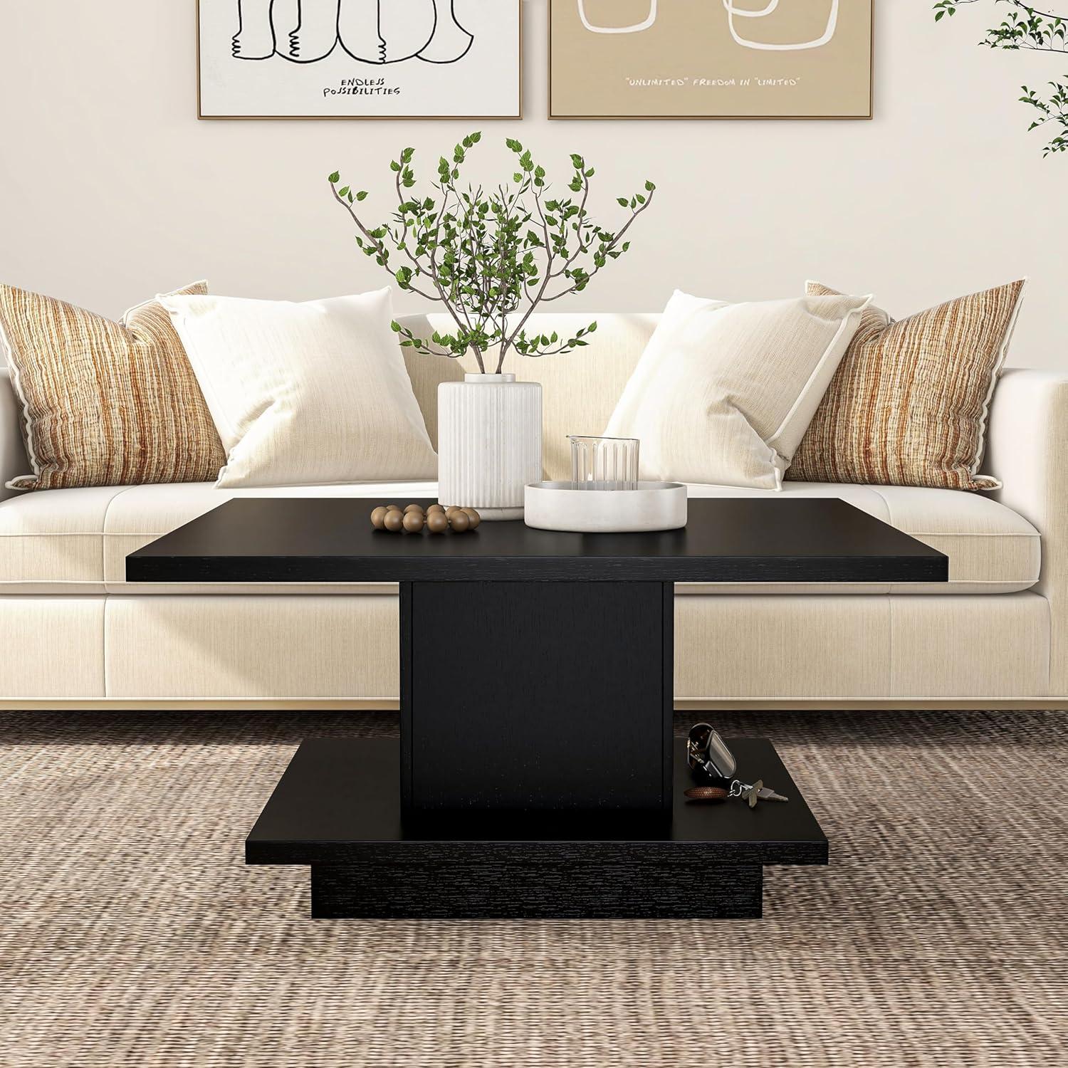 24/7 Shop at Home Lukas 31 inch Square Coffee Table with Hidden Storage and Base Shelf, Contemporary Furniture for Living Room, Home Office, Apartment, Small Space, Black