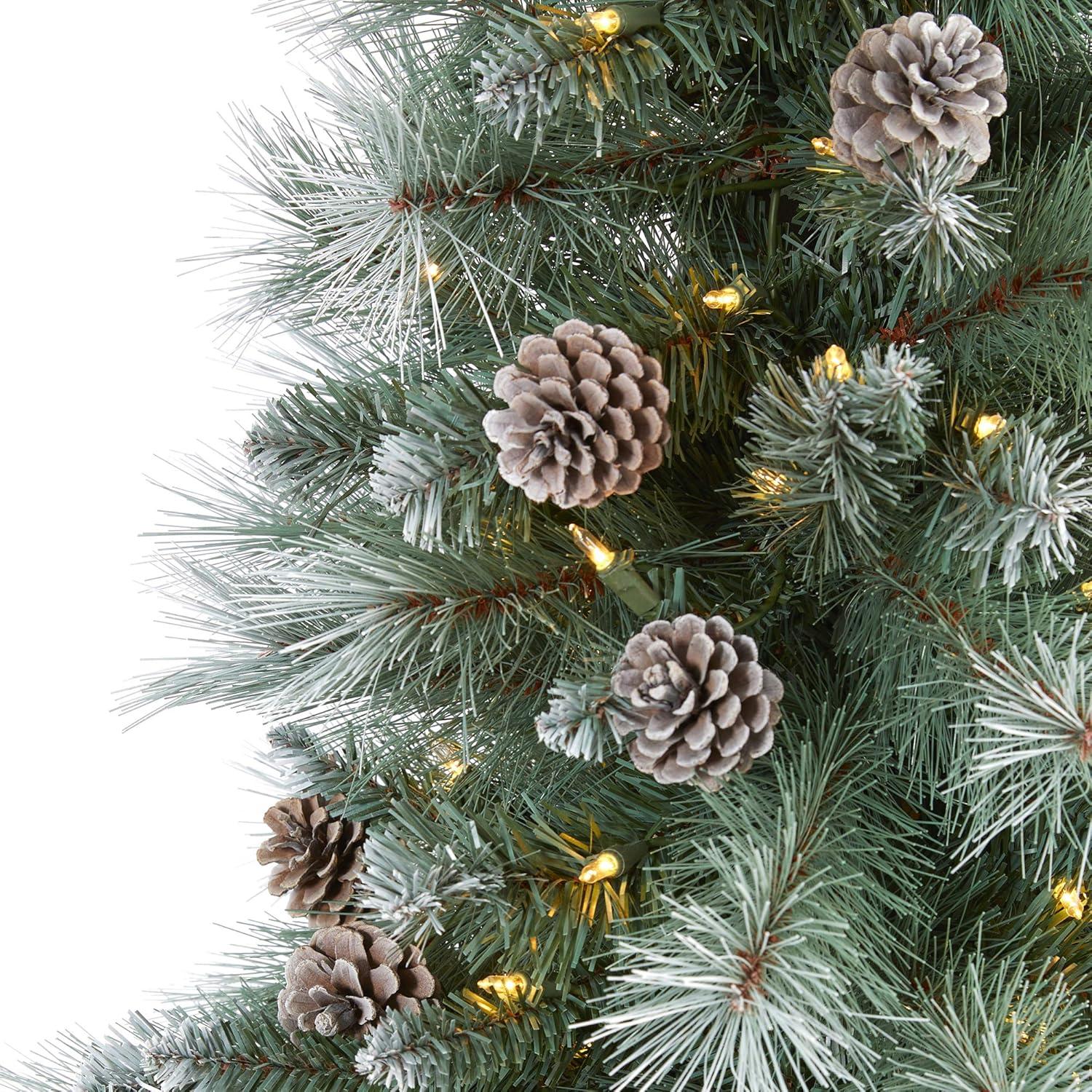 Nearly Natural 6-ft Frosted Tip British Columbia Mountain Pine Artificial Christmas Tree with 250 Clear Lights, Pine Cones and 588 Bendable Branches