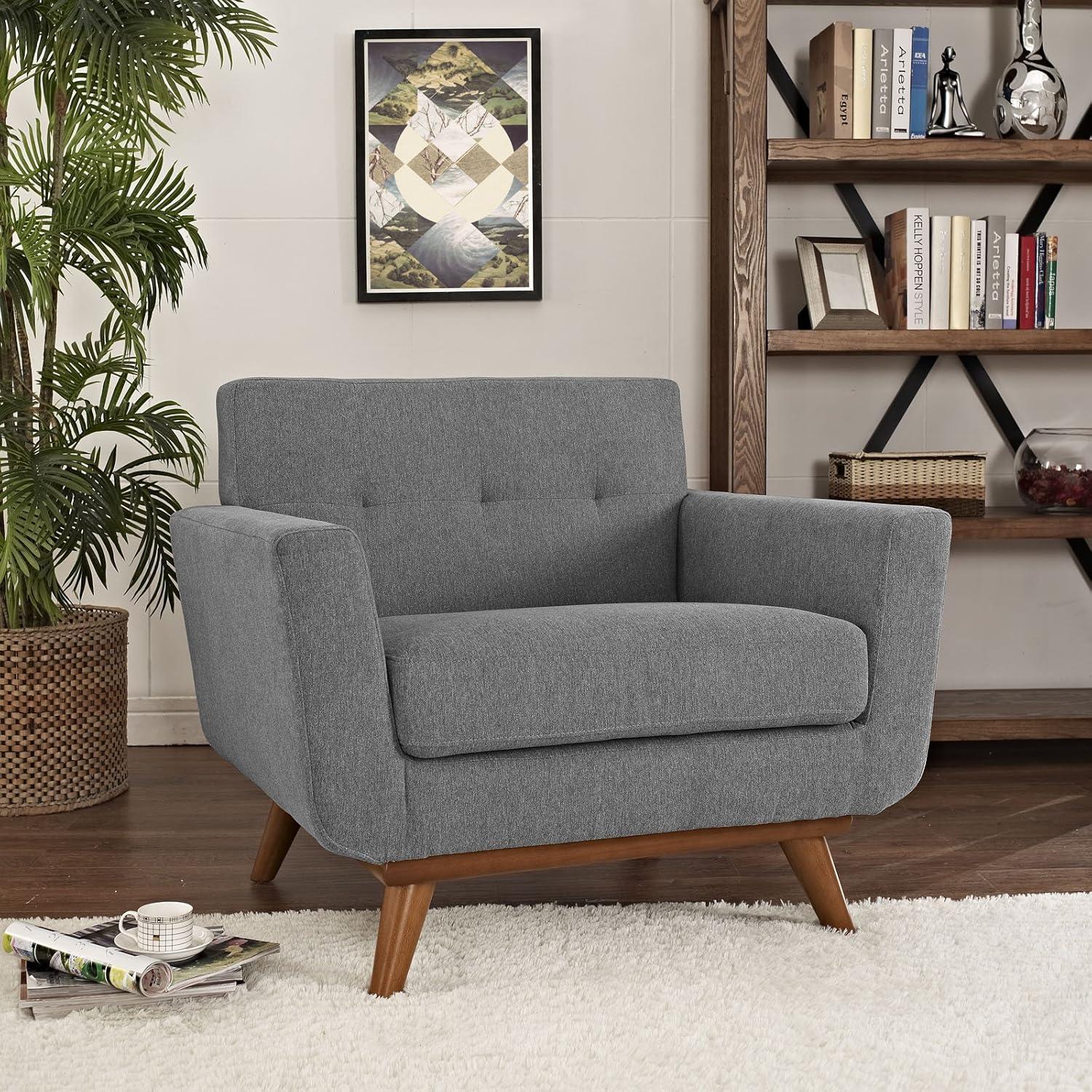 Expectation Gray Plush Upholstered Accent Chair with Cherry Wood Legs