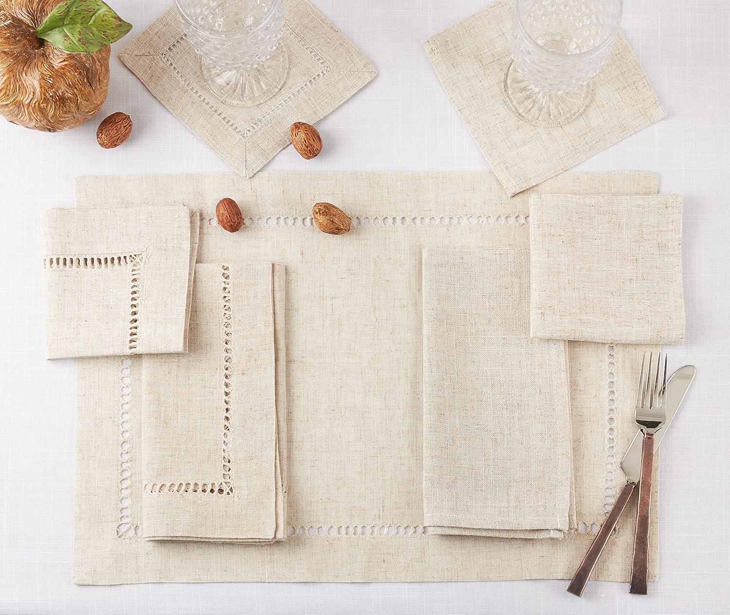 Natural Poly-Linen Blend Hemstitch Dinner Napkins, Set of 12