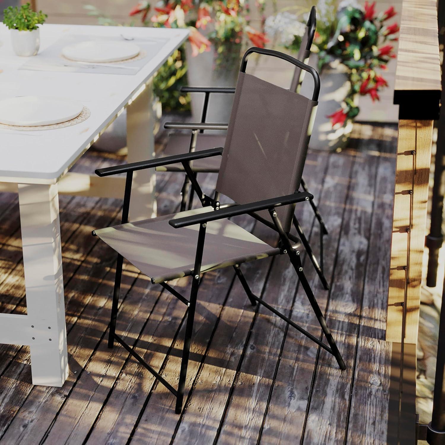 Flash Furniture Set of 2 Mystic Folding Patio Sling Chairs, Outdoor Textilene Lawn Chairs with Armrests in Brown