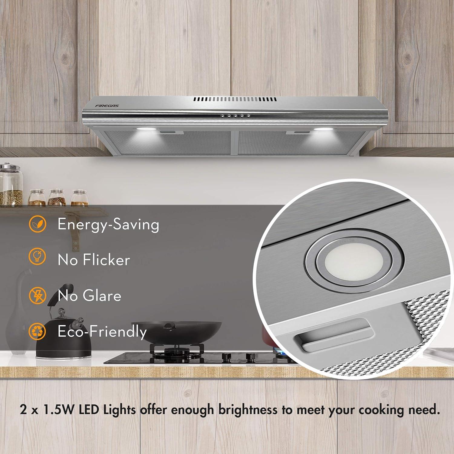 FIREGAS 36 inch Under Cabinet Range Hood 300CFM with Ducted/Ductless Convertible, Slim Kitchen Over Stove Vent, 3 Speed Exhaust Fan, Reusable Aluminum Filters, Push Button, Black