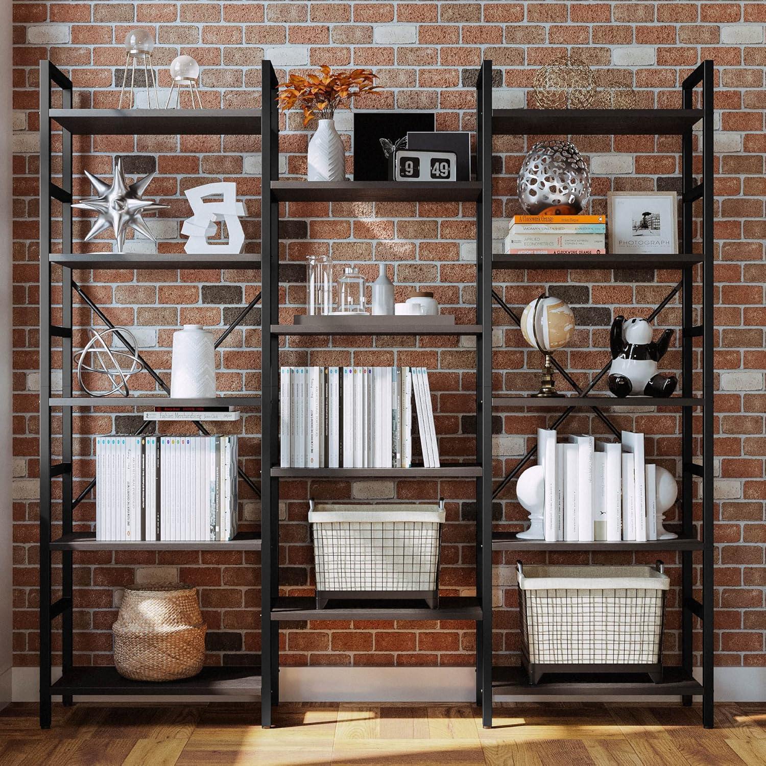 Triple Wide Industrial Black Metal and MDF Bookshelf