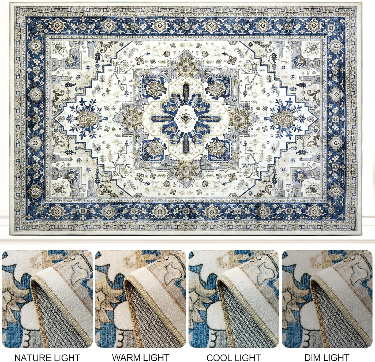 GlowSol 8x10 Floral Area Rug for Living Room Bedroom Retro Distressed Area Rug Traditional Medallion Non-Slip Low Pile Carpet Floor Decoration, Blue