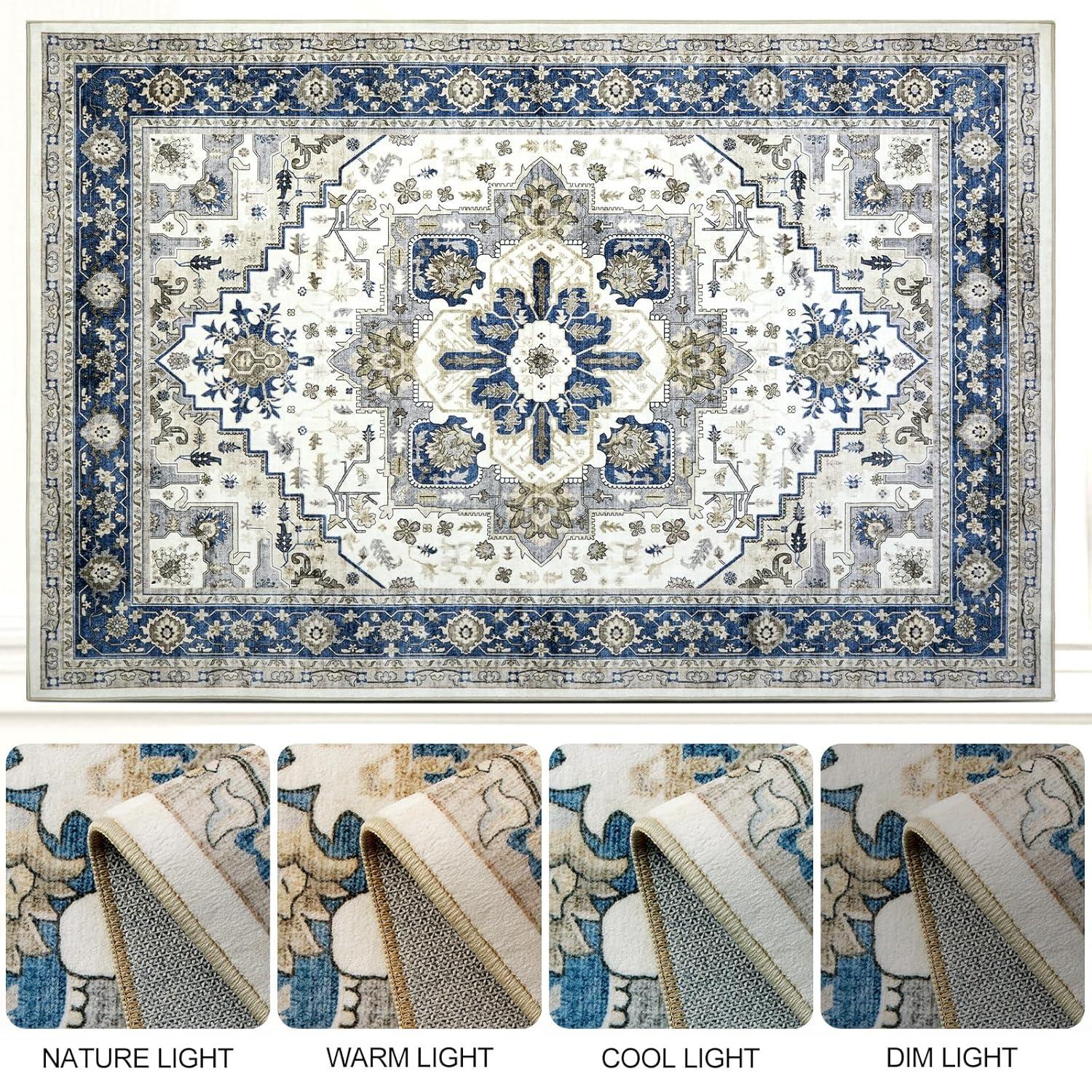 GlowSol 8x10 Floral Area Rug for Living Room Bedroom Retro Distressed Area Rug Traditional Medallion Non-Slip Low Pile Carpet Floor Decoration, Blue