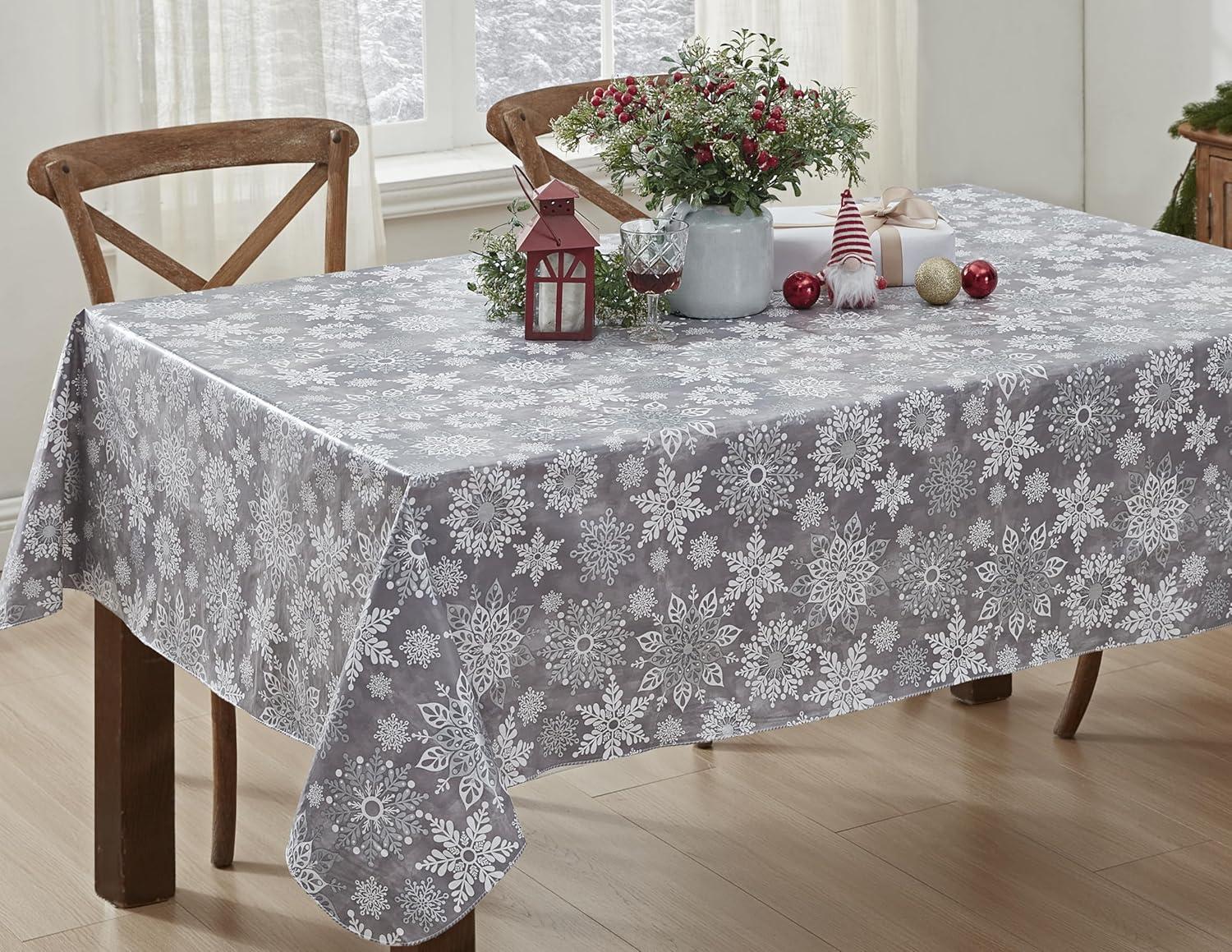Newbridge Winter Sparkle Vinyl Flannel Backed Christmas Tablecloth - Silver Glitter Snowflake Print Wipe Clean Easy Care Holiday Tablecloth, 52in x 52in Square, Grey/Silver