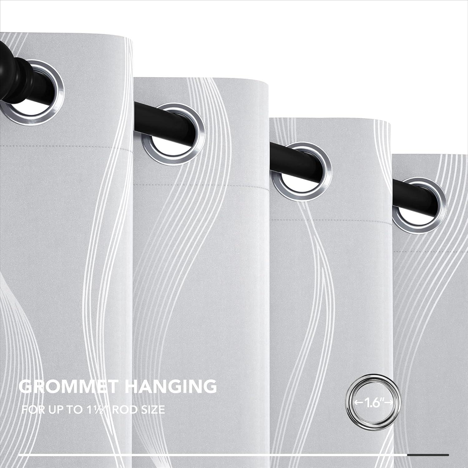Deconovo Silver Wave Line Foil Printed Blackout Curtains Grommet Panels with 52x54 inch 1 Pair White