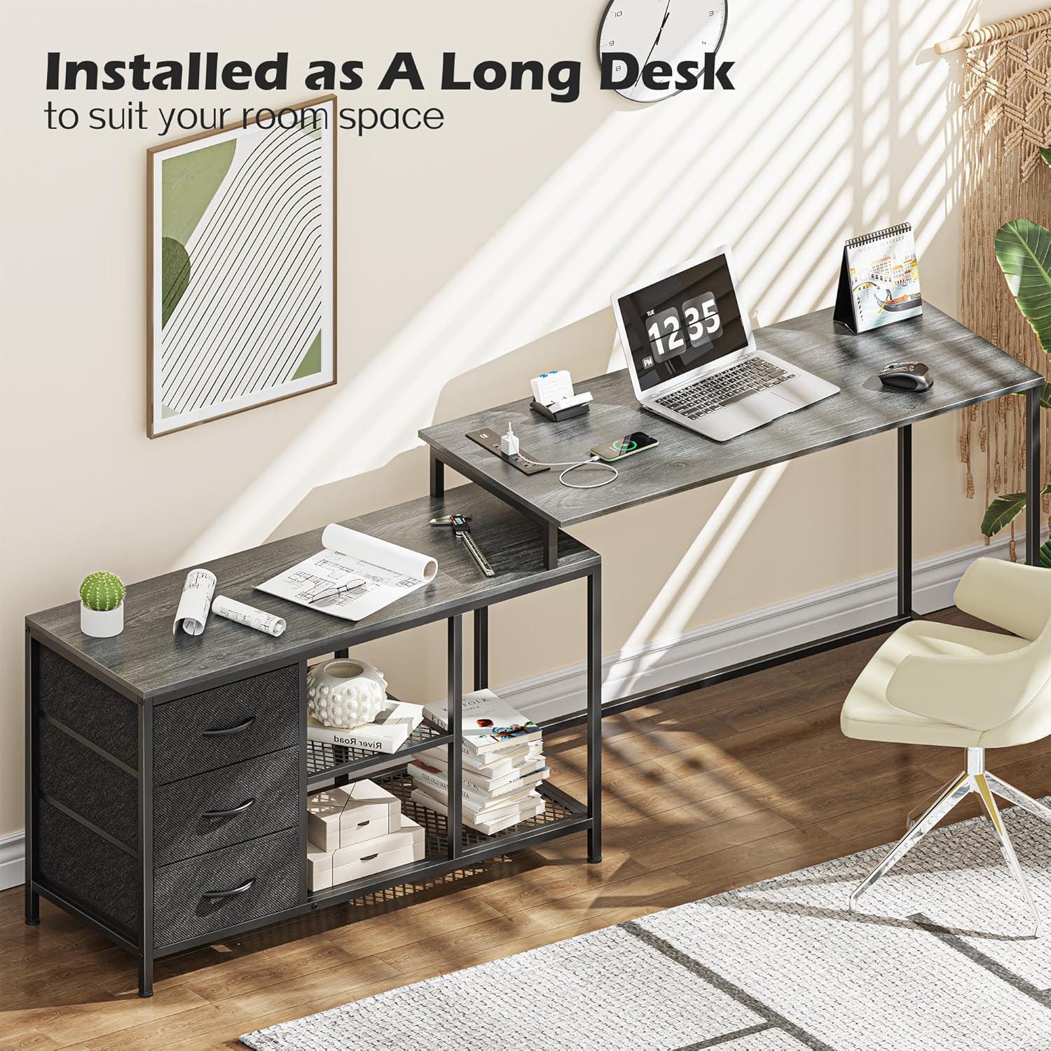 Gray L-Shaped Computer Desk with Drawers and Power Outlets