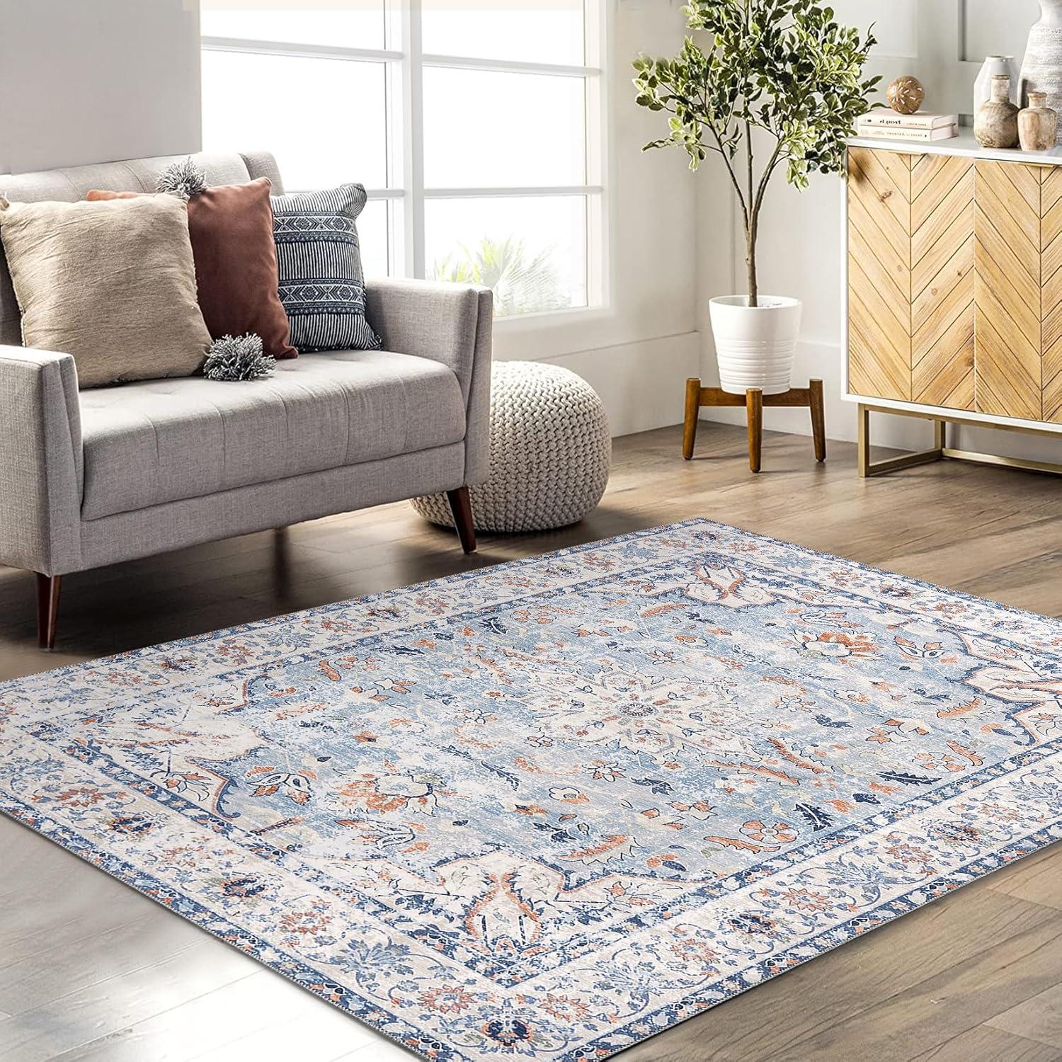 9x12 Area Rug Vintage Medallion Distressed Rug Machine Washable Area Rugs for Living Room Non-Slip Stain Resistant Accent Rug, Blue