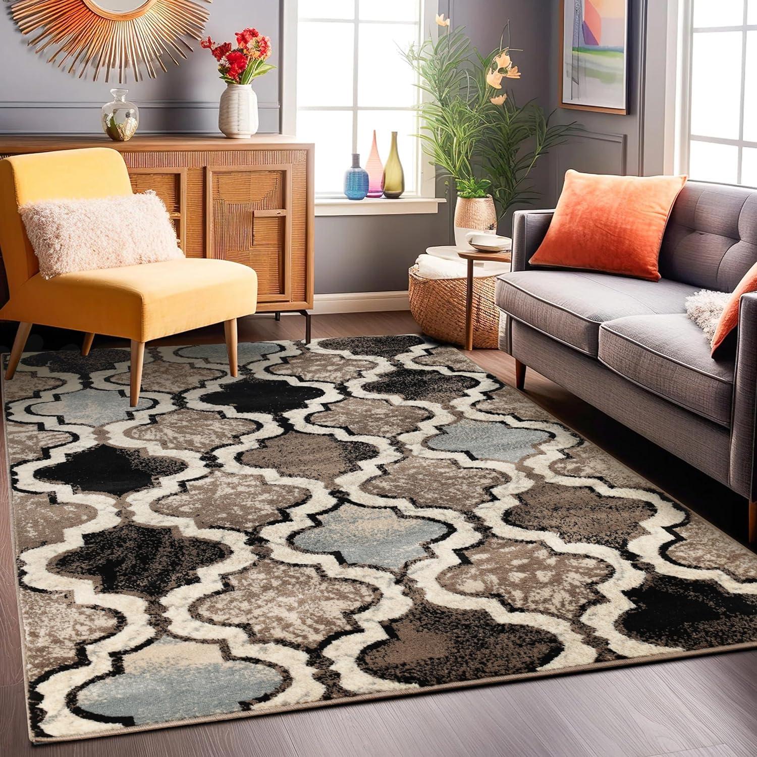 Modern Ivory Trellis 7' x 9' Easy-Care Synthetic Area Rug