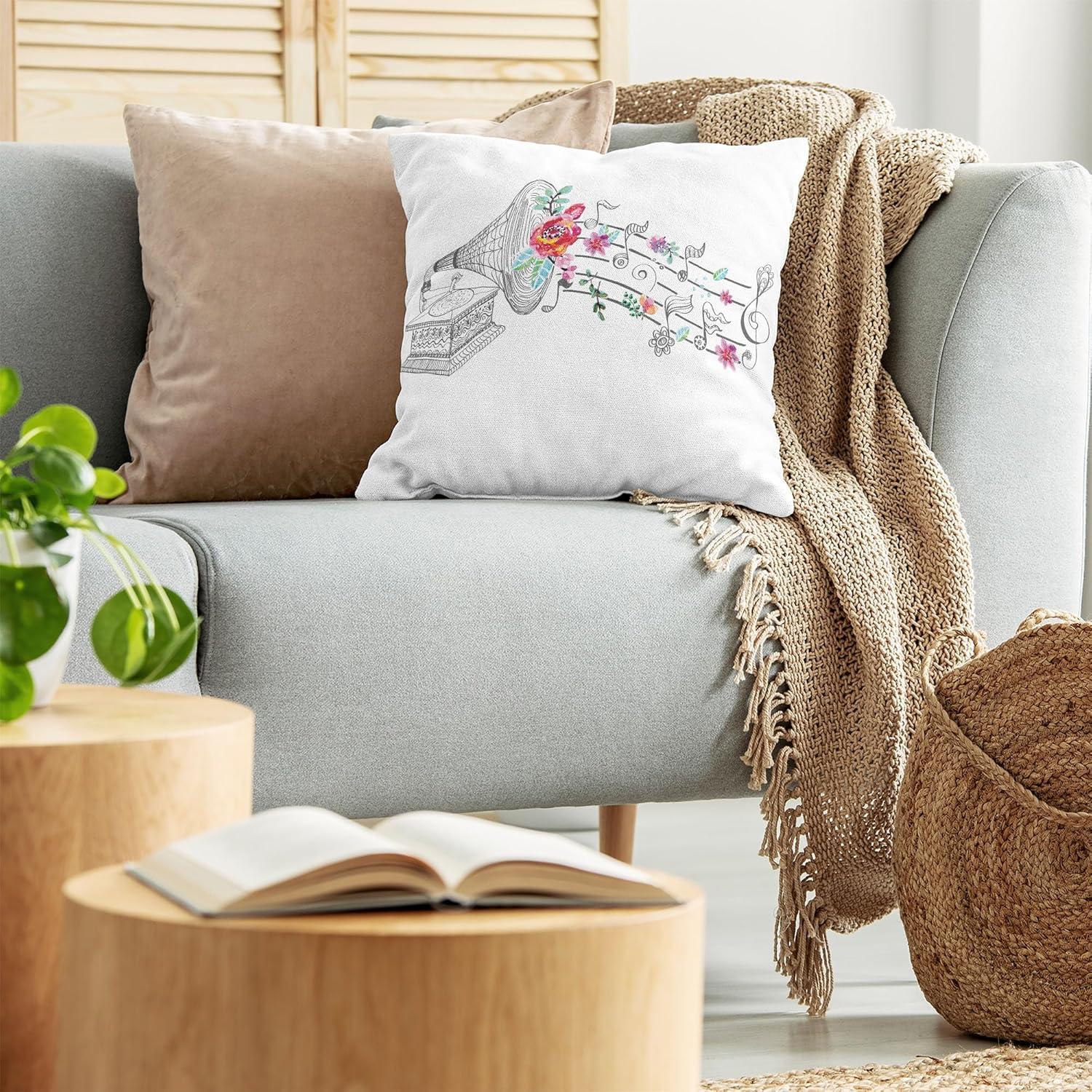 Ambesonne Music Throw Pillow Cushion Cover, Vintage Style Gramophone Record Player Floral Ornament Blossom Antique, Decorative Square Accent Pillow Case, 16" X 16", White Pink