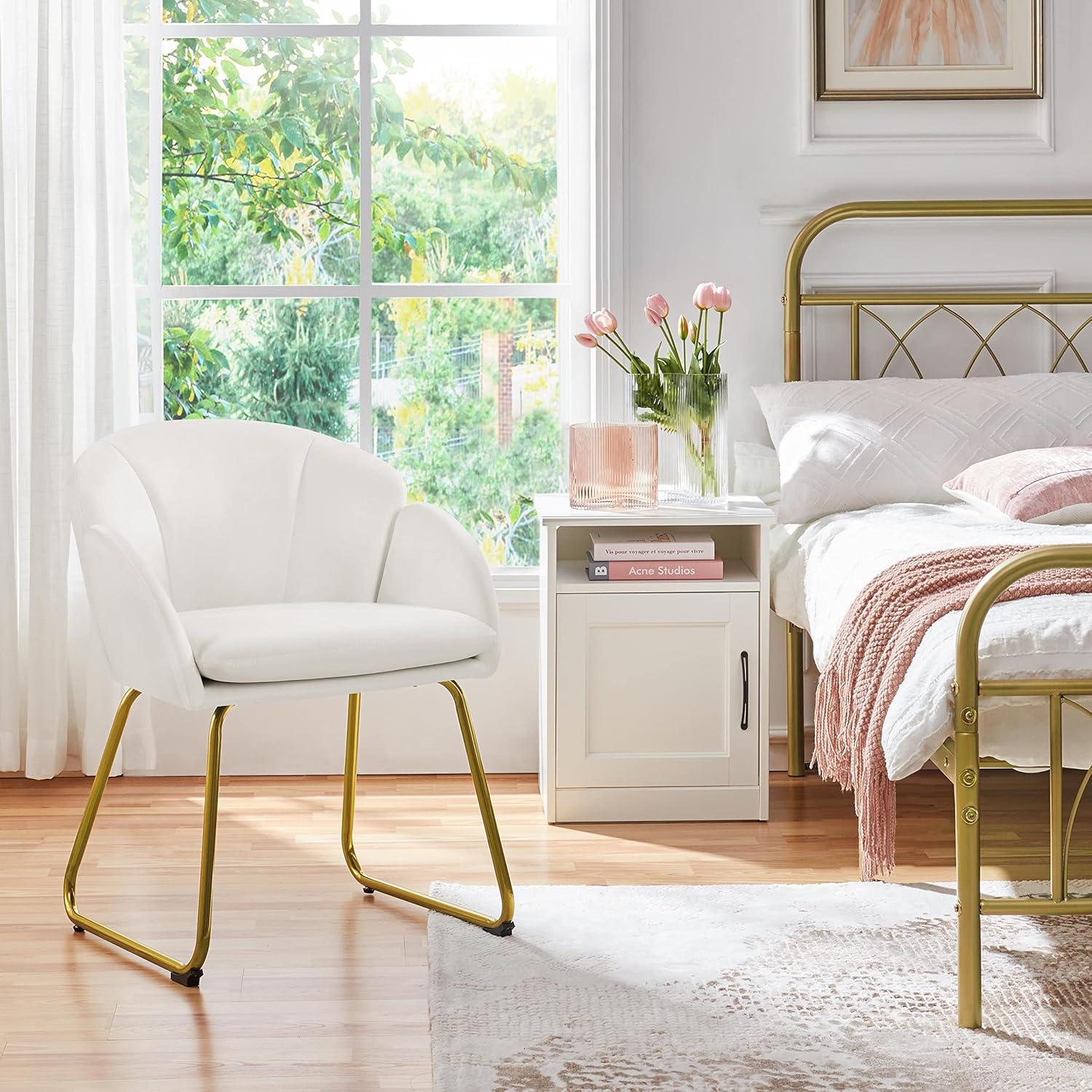 Yaheetech Modern Velvet Vanity Chair Armchair, Flower Shaped Makeup Chair with Golden Metal Legs for Living Room/Makeup Room/Bedroom/Home Office/Kitchen, White