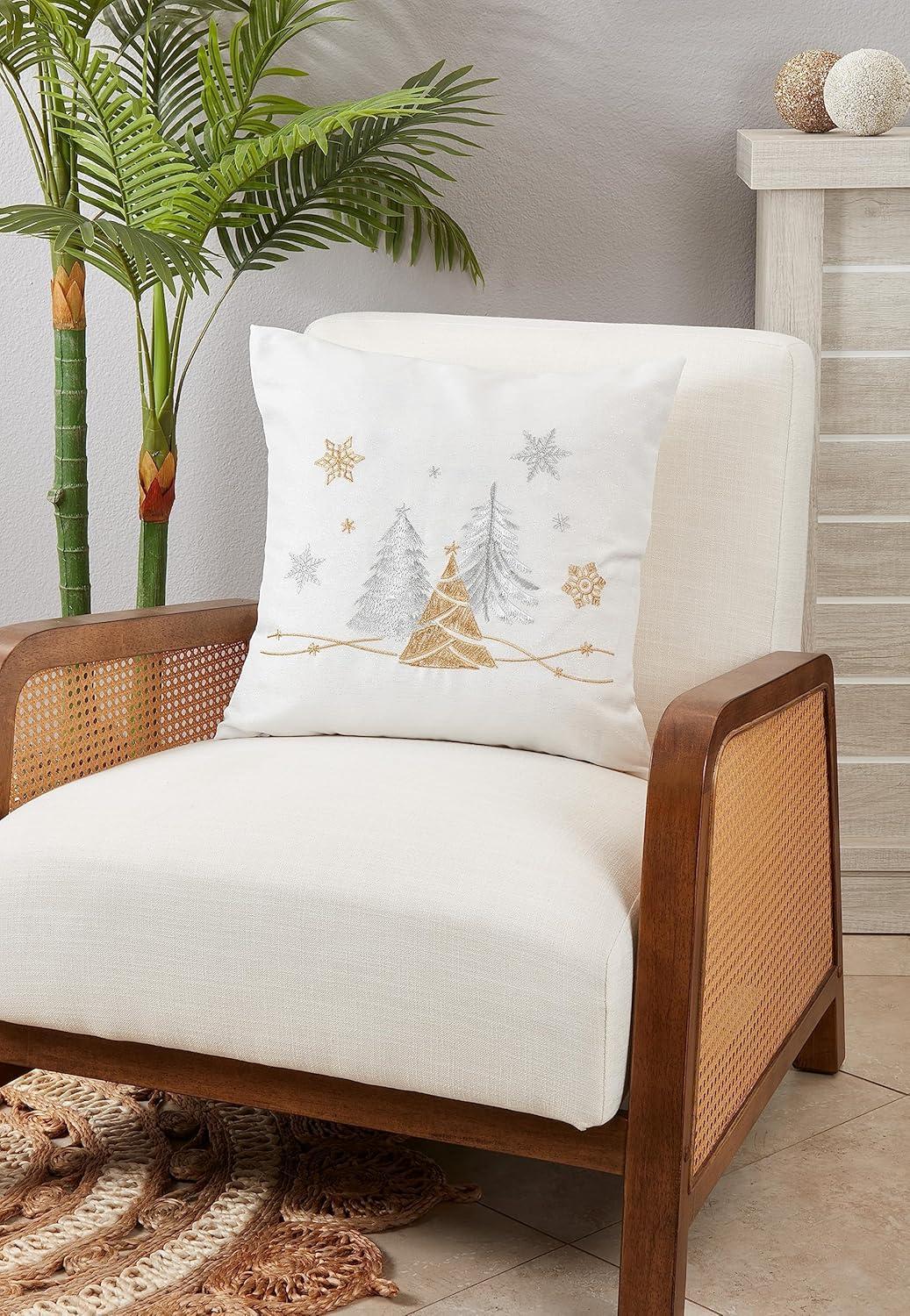 Saro Lifestyle Seasonal Splendor Christmas Trees and Snowflakes Throw Pillow Cover, 18", White