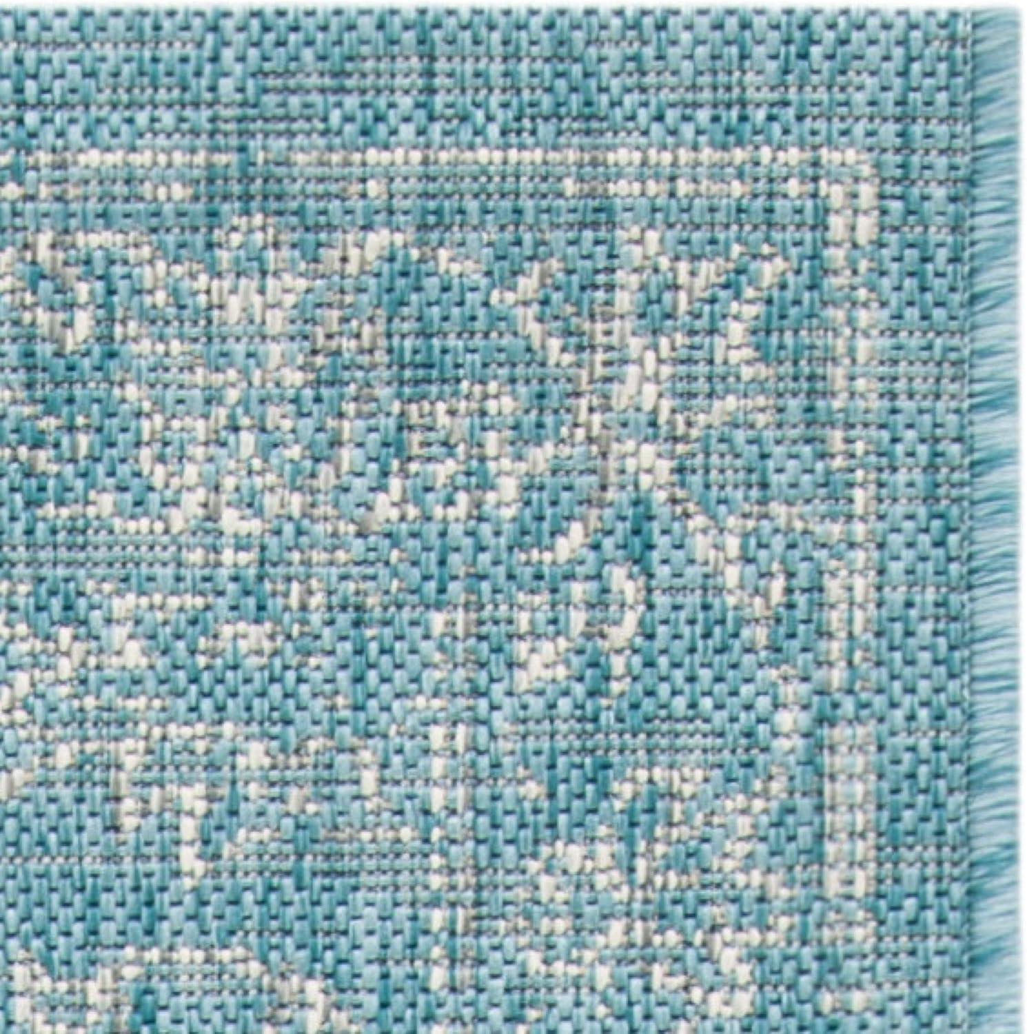 Aqua and Grey Synthetic Flat Woven Indoor/Outdoor Rug