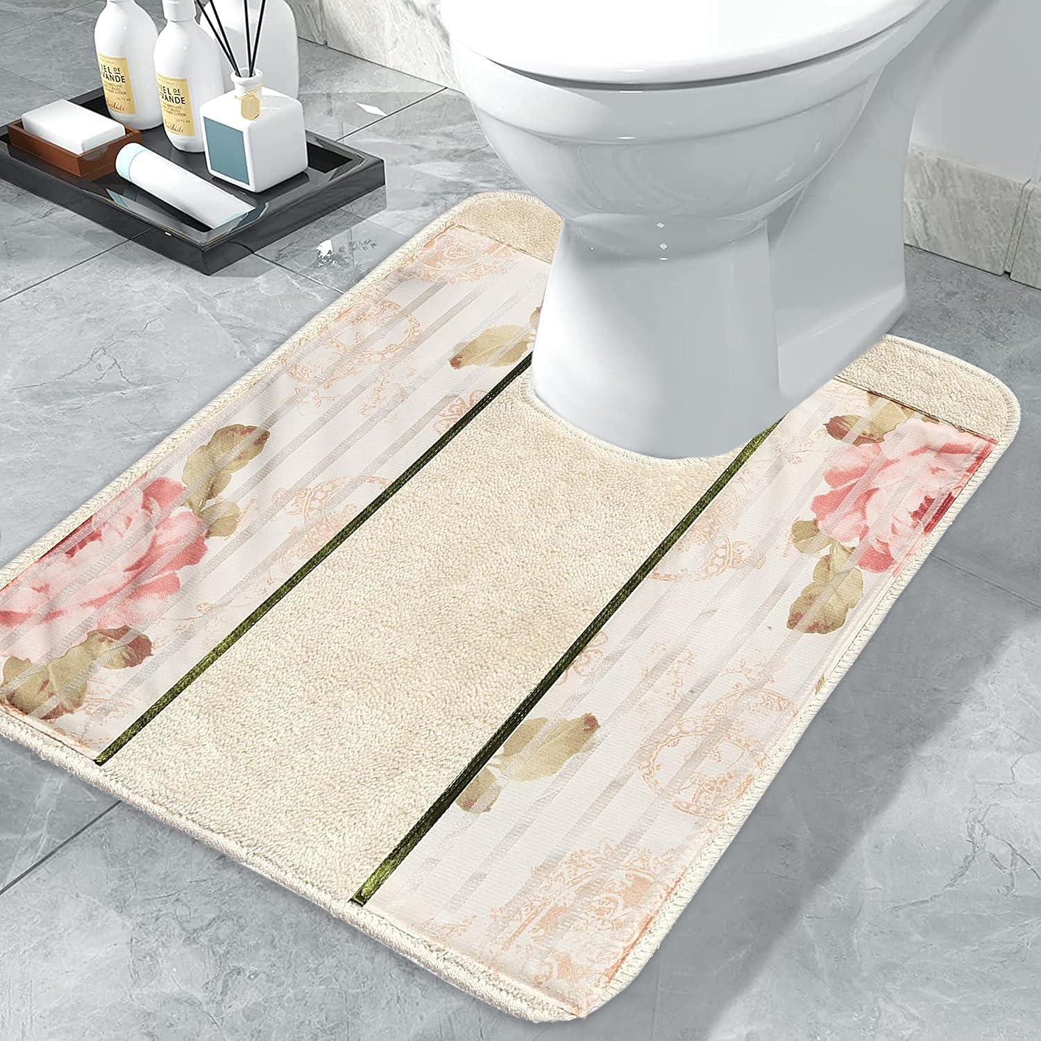 Beige and Pink Floral Non-Slip Bath Contour Rug