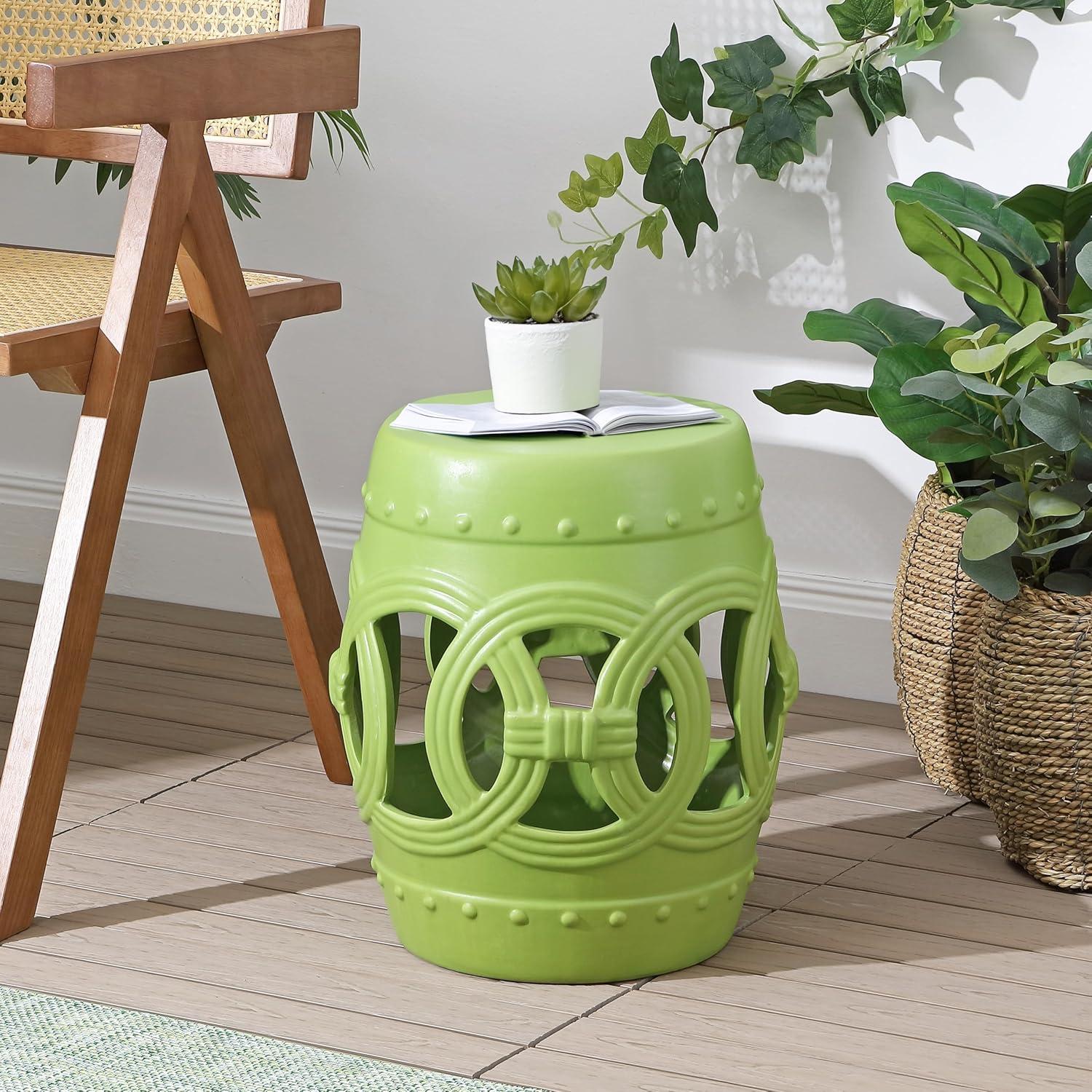 JONATHAN Y Lucky Coins 16" Chinese Ceramic Drum Garden Stool, Matte Green