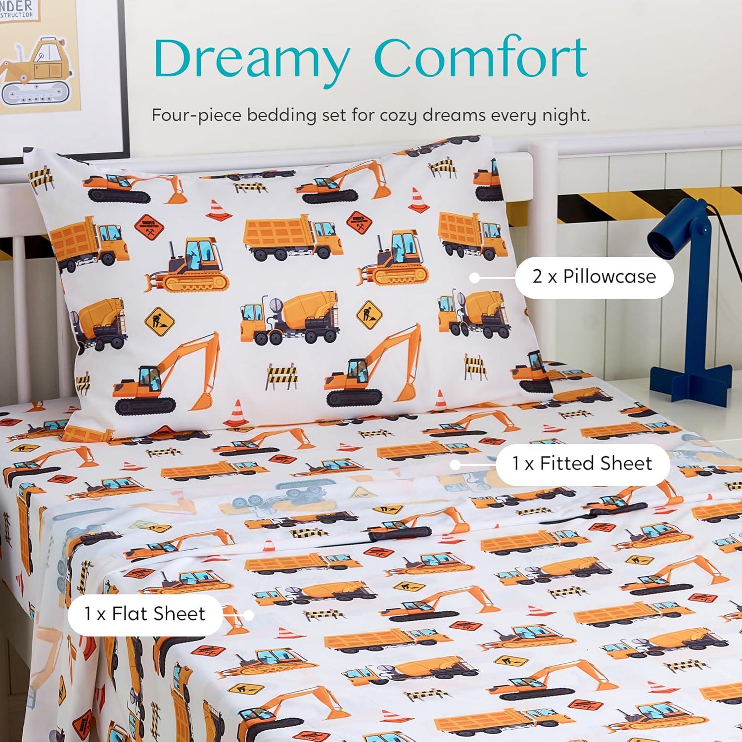 SYNCFUN Kids Full Sheet Set Construction Vehicle - 4 Piece Soft Microfiber Bed Sheets - Cozy Toddler Bedding Set for Boys Girls Teens