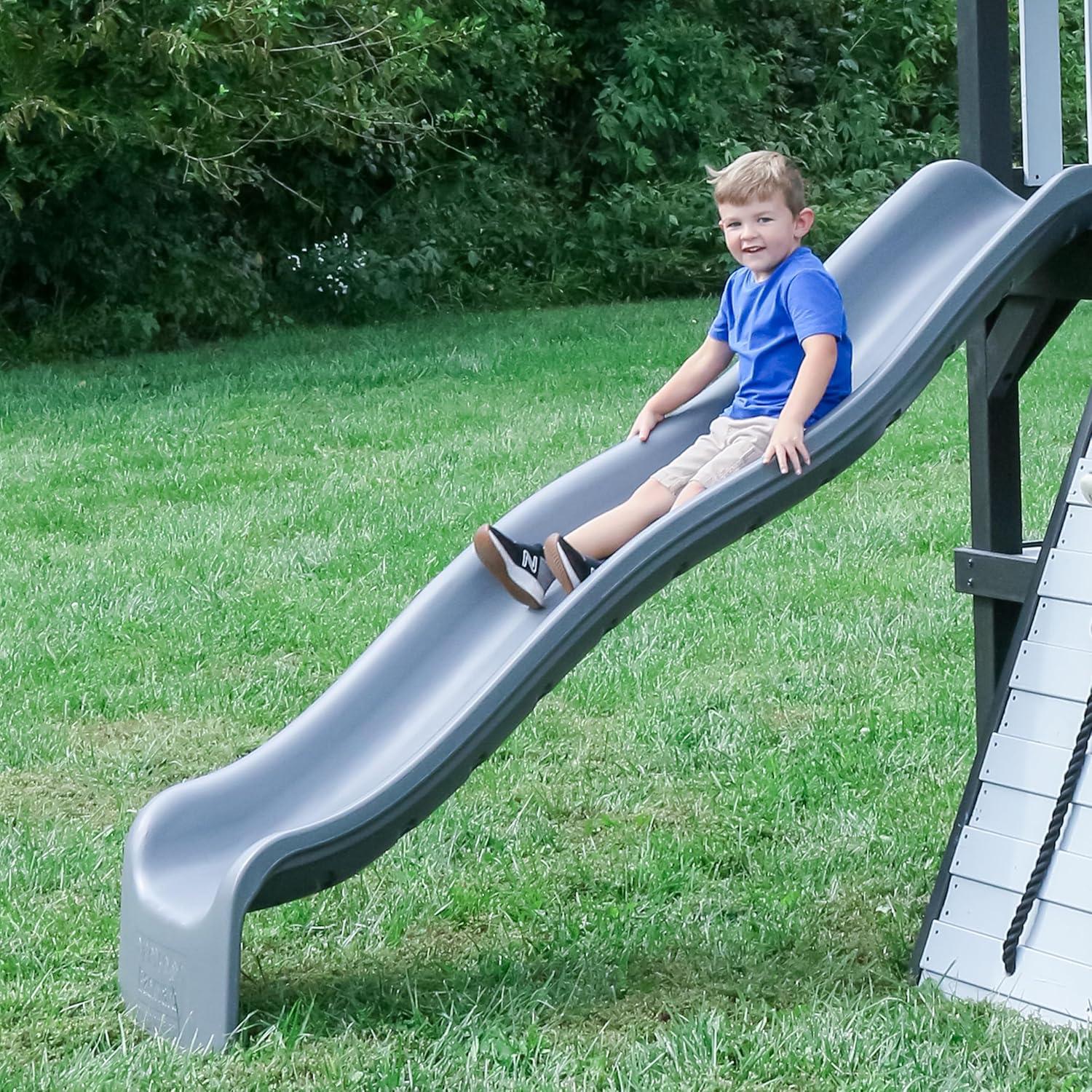 Whispering Point White and Gray Cedar Wooden Swing Set with Wave Slide