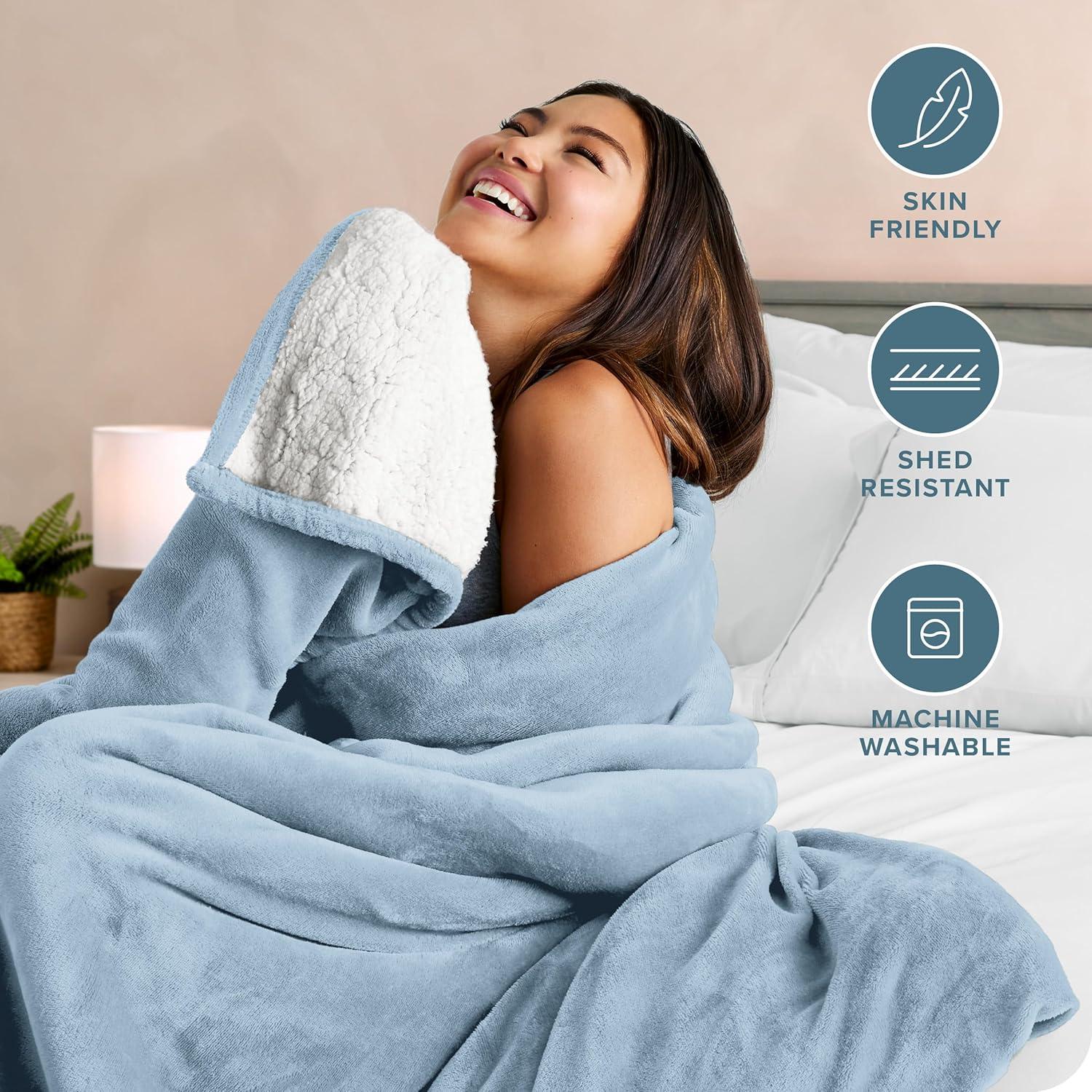 Light Blue Twin/Twin XL Faux Shearling Fleece Blanket by Bare Home