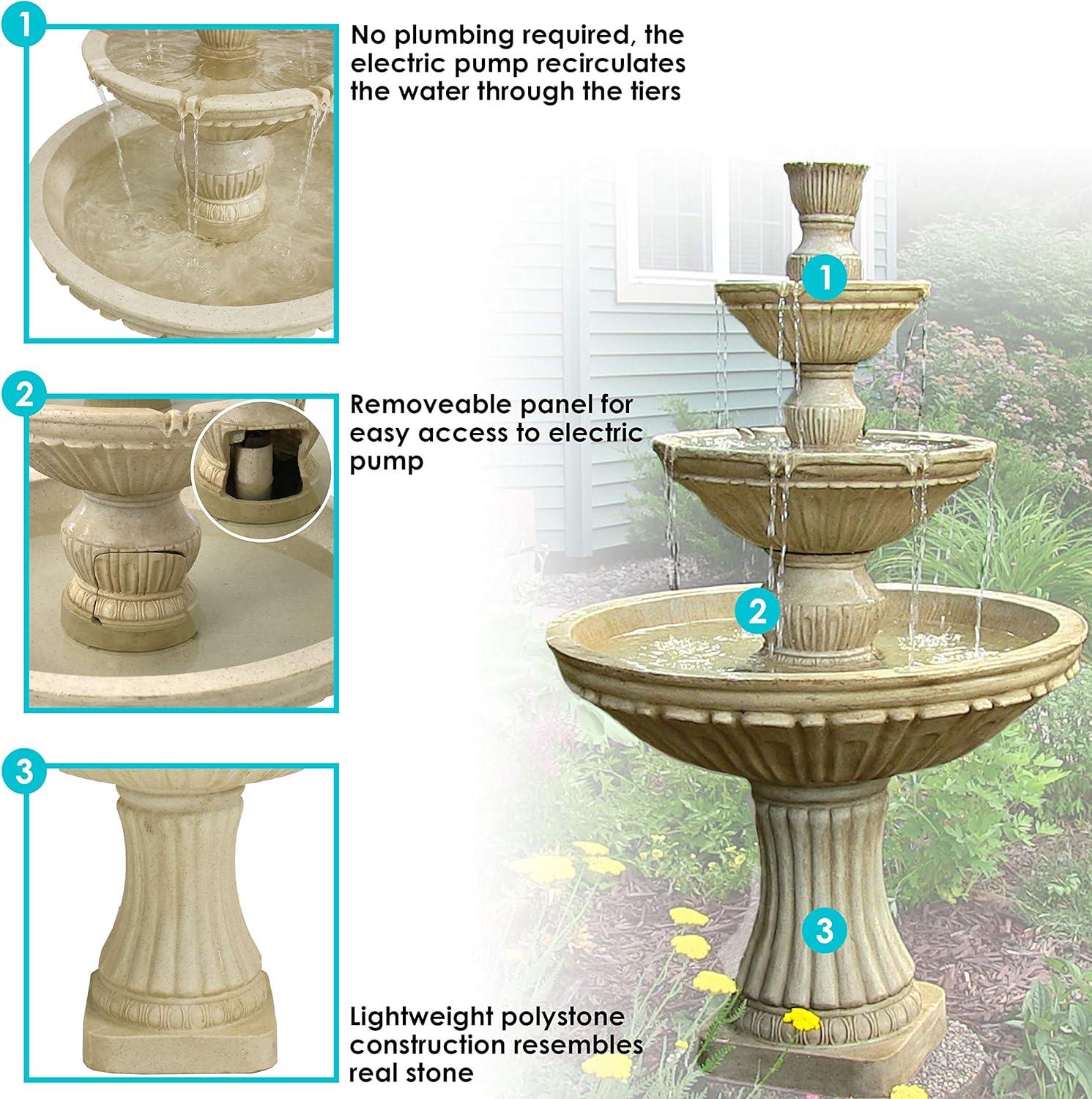 Sunnydaze 55"H Electric Polystone Classic Style 3-Tier Designer Outdoor Water Fountain, White Finish
