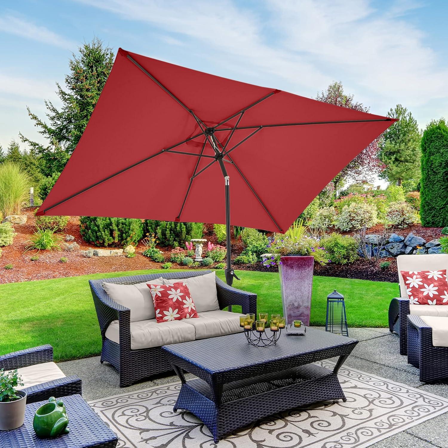 Rectangular Patio Umbrella - 10 Ft Easy Crank Sun Shade with Push Button Tilt for Outdoor Furniture, Deck, Backyard, or Pool by Pure Garden (Red)