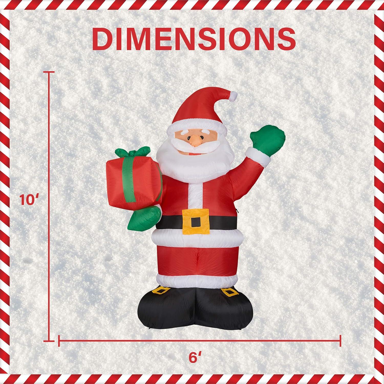 Fraser Hill Farm 10-Ft. Tall Pre-Lit Christmas Inflatable | Santa Claus Holding Gift with Lights and Storage Bag | Outdoor Holiday Blow-Up Festive Celebration Party Decor | FHFSANTA102-L