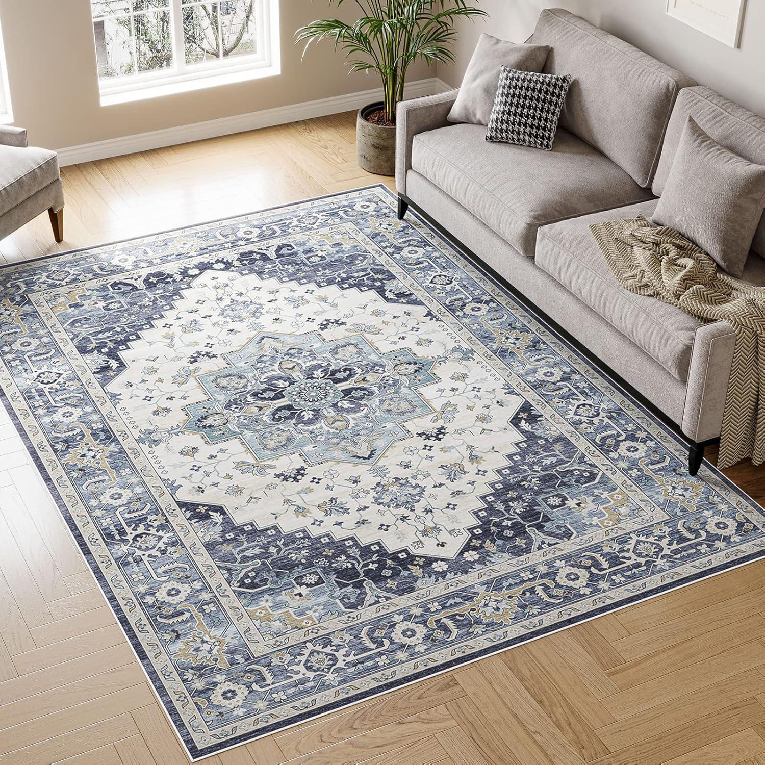 Garvee 9x12 Large Area Rug Washable Rug Vintage Floral Printed Carpet Boho Chenille Floor Cover Non-Slip Soft Foldable Thin Rug Home Decor, Blue/Beige