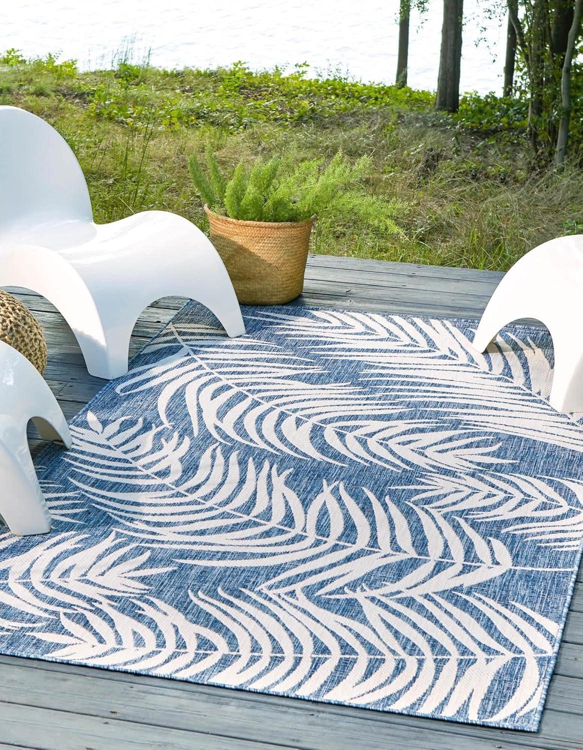 Unique Loom Outdoor Botanical Collection Area Rug - Palm (6' 1" x 9' Rectangle, Blue/ Navy Blue)