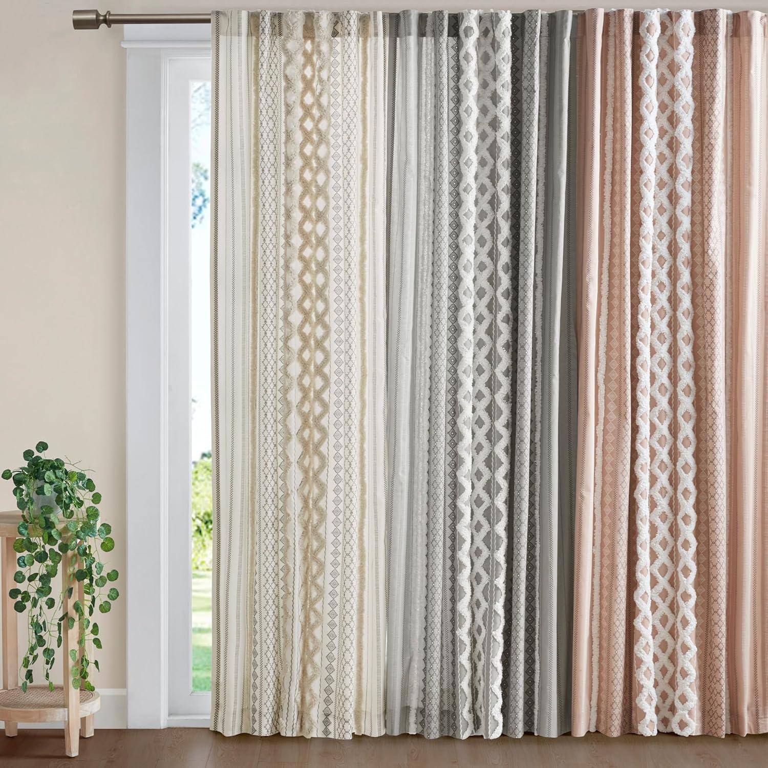 INK+IVY Imani Cotton Printed Curtain Panel with Chenille Stripe and Lining, Blush, 50x84"