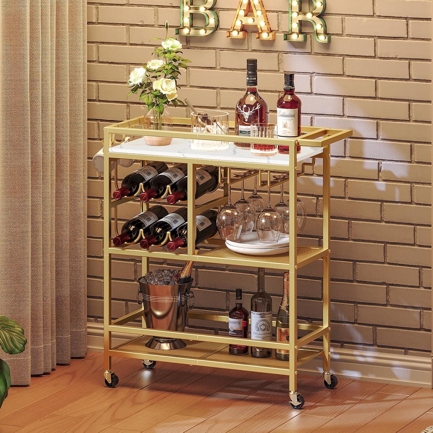 Gold and White 3-Tier Bar Cart with Wine Rack and Glass Holders