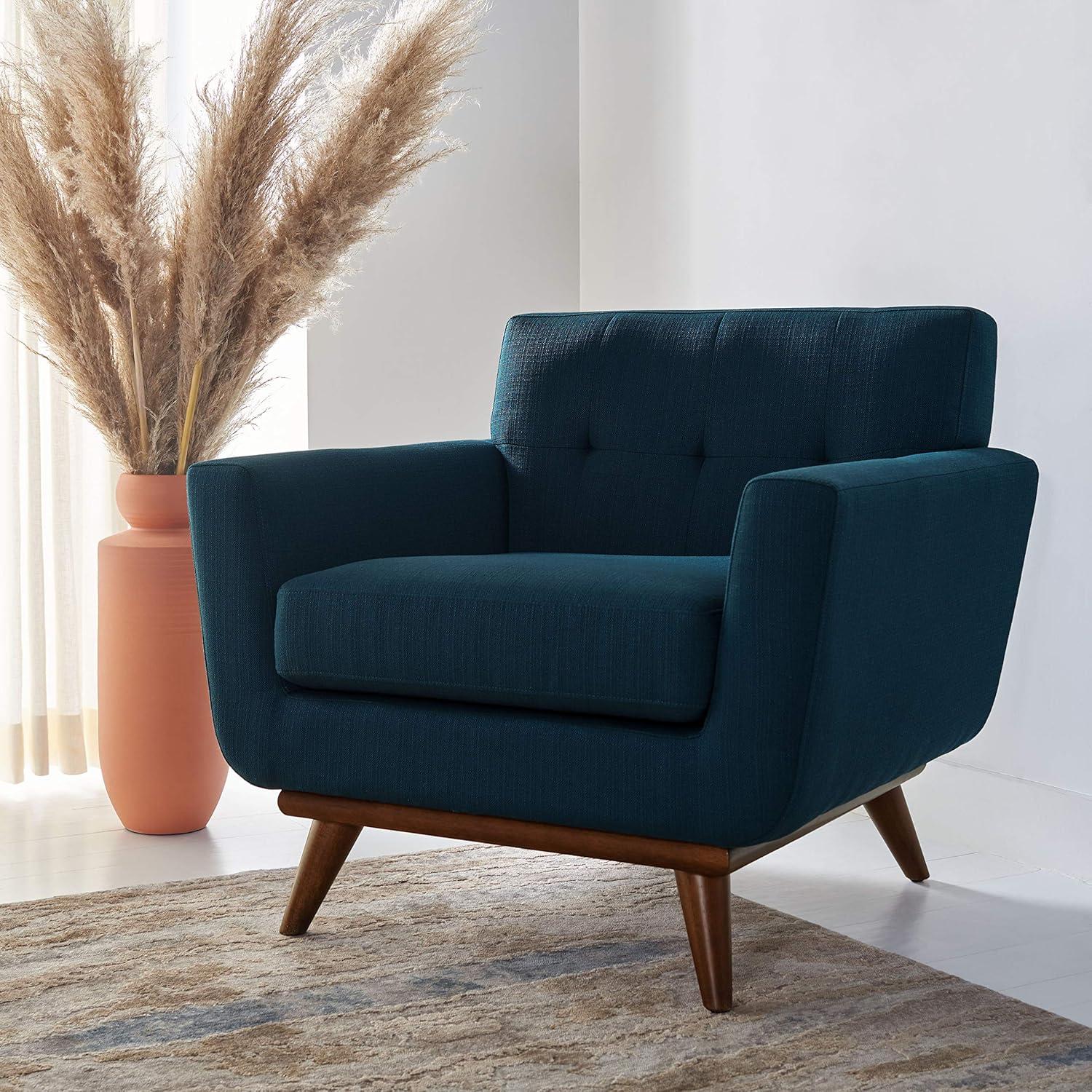 Opal Linen Tufted Accent Chair in Dark Teal with Wooden Legs