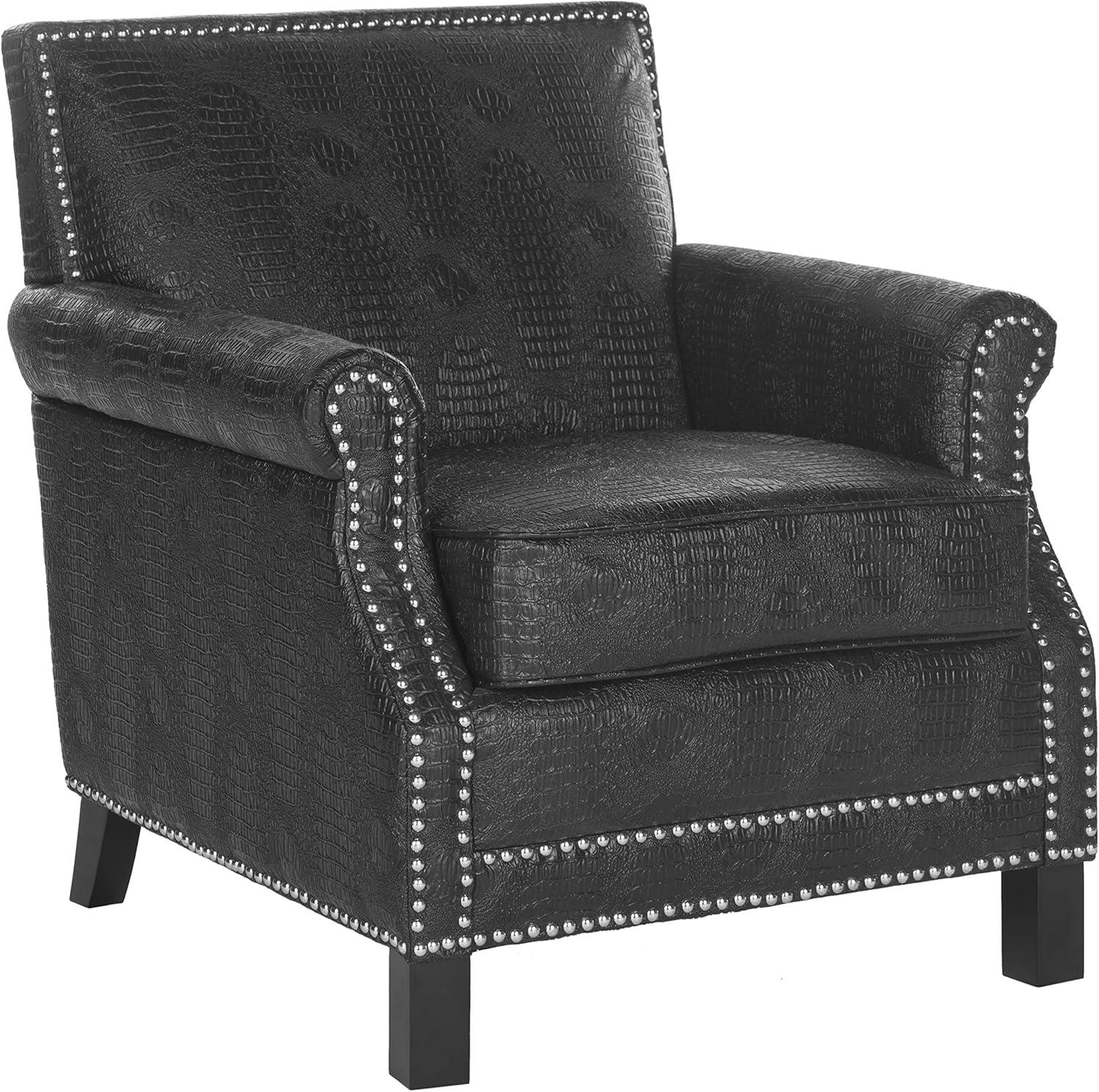 Black Crocodile Leather and Wood Accent Chair