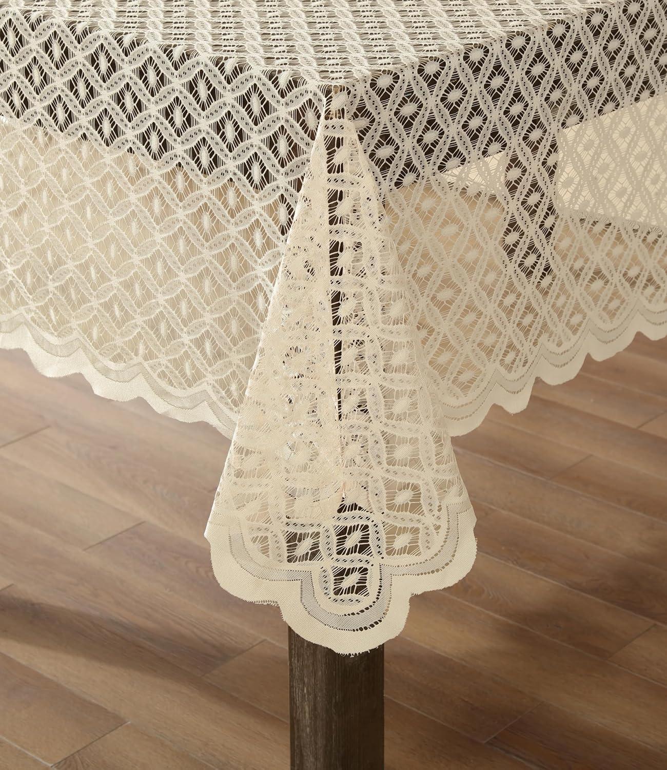 HLC.ME Alona Lace Fabric Table Cloth for Round Tables, Wrinkle Resistant, Patterned Scalloped Tablecloth - Linen, 70 Round