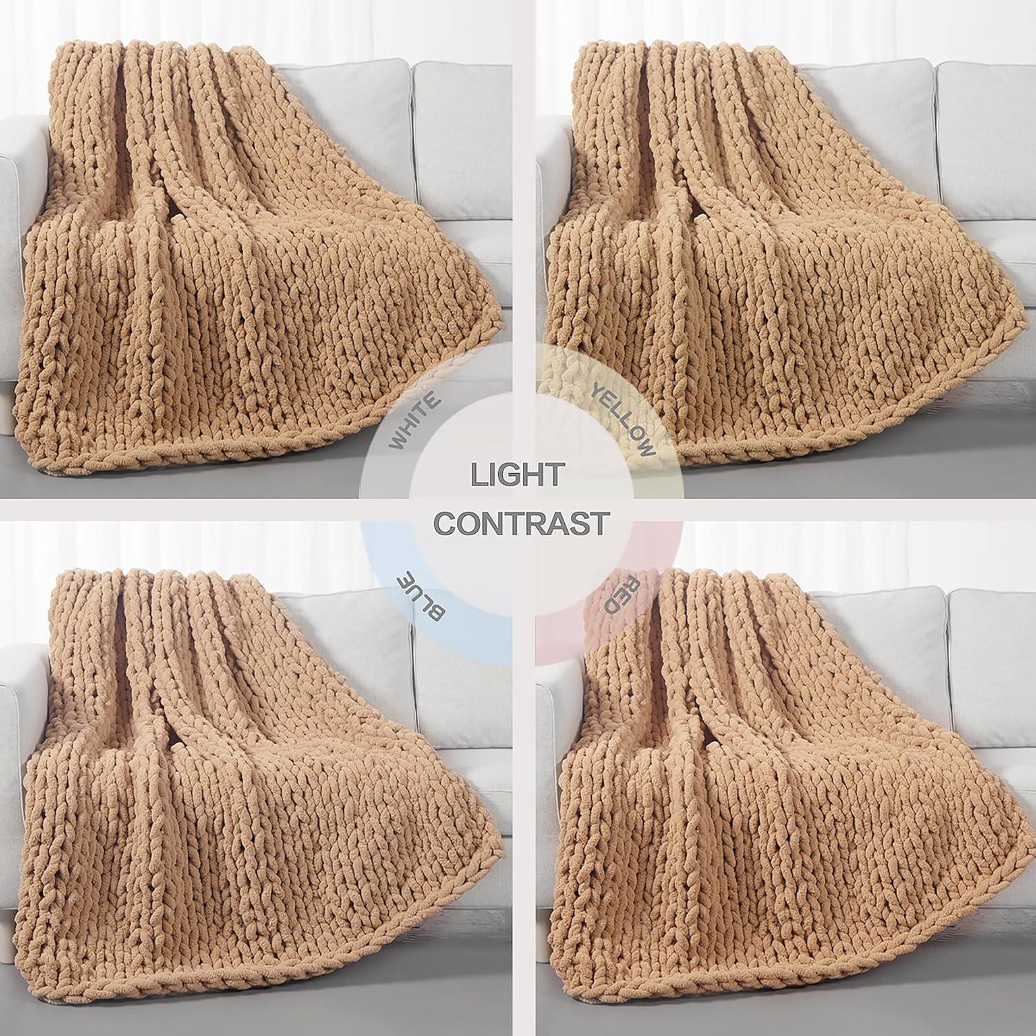 Carriediosa Chunky Knit Throw Blanket Handmade Soft Throws for Couch Sofa Bed, 50" x 60" Tan Brown