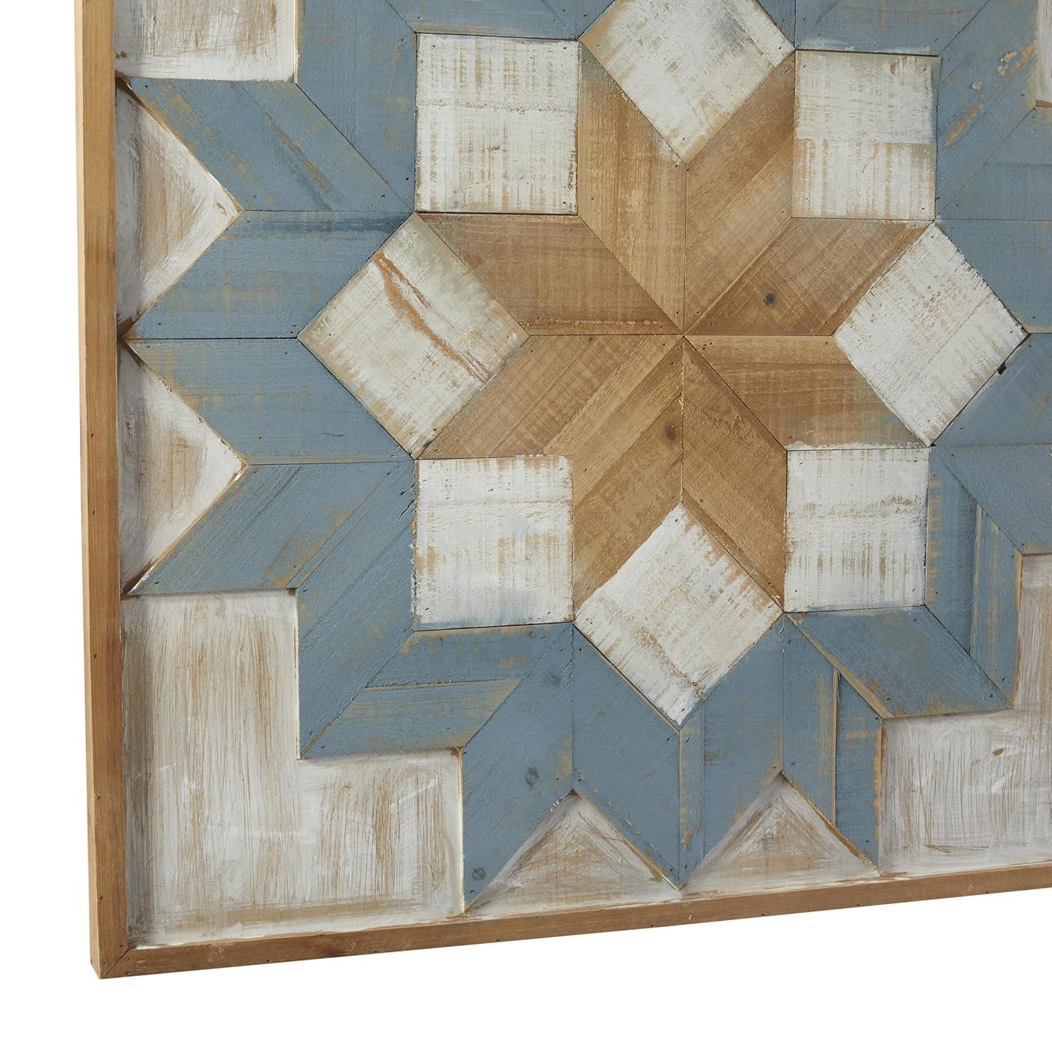 Rustic Blue and Brown Geometric Wooden Wall Sculpture