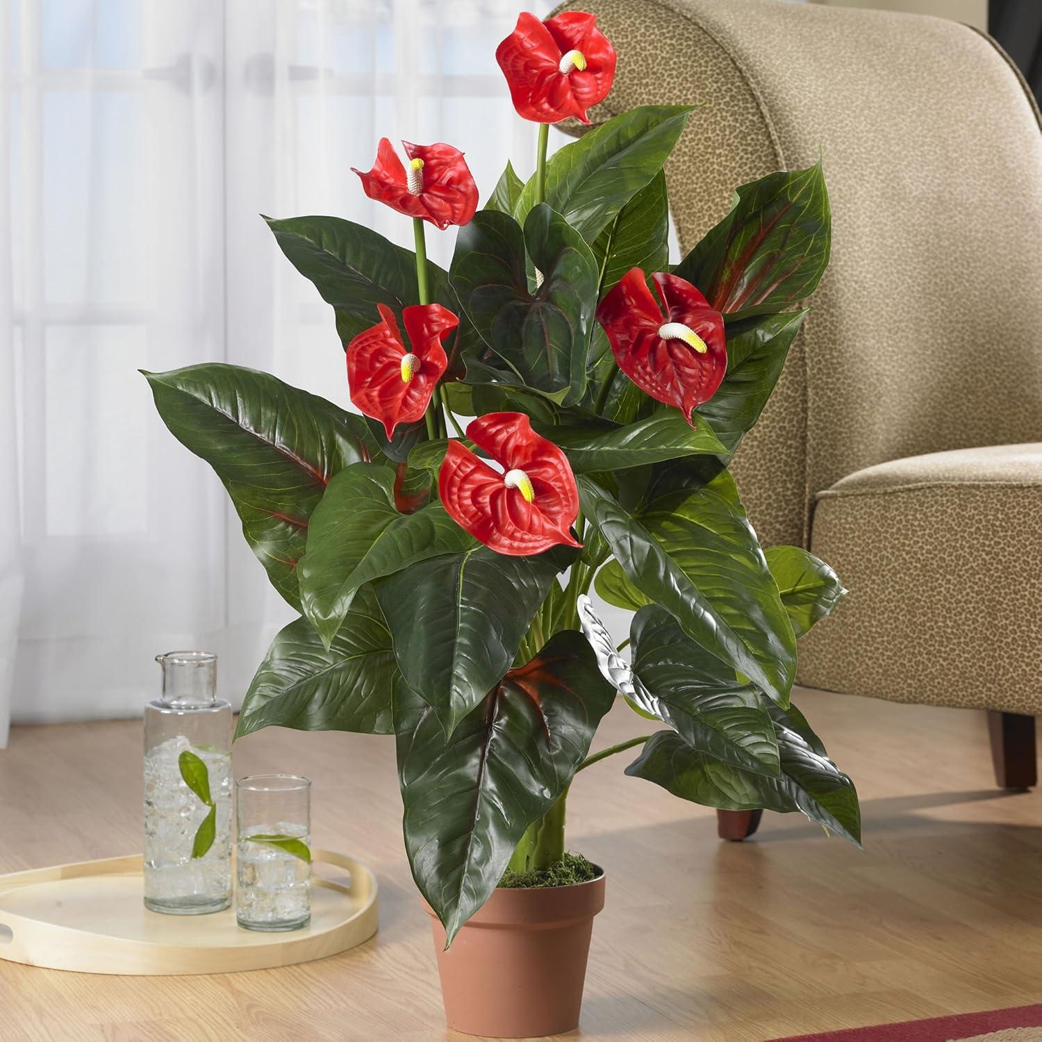 Lush Summer Anthurium Silk 35" Floor Plant in Faux Pot