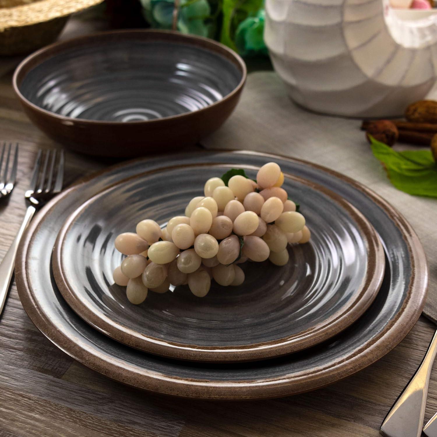 12pc Melamine Stone Oak Dinnerware Set Black - Elama: Solid Dish Set, Service for 4, Dishwasher-Safe