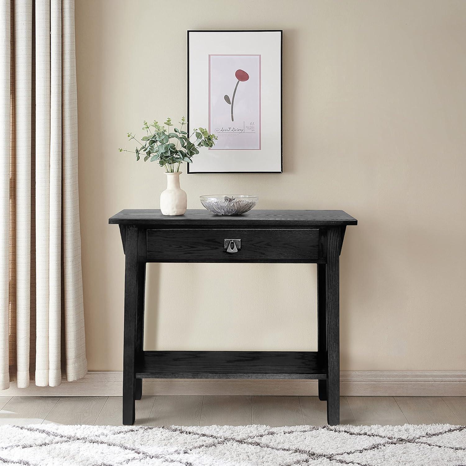 Leick Home 10032-RS Mission Round End Table with Drawer, Made with Solid Wood, Side Table for Living Room, Bedroom, and Office, Slate Black Finish