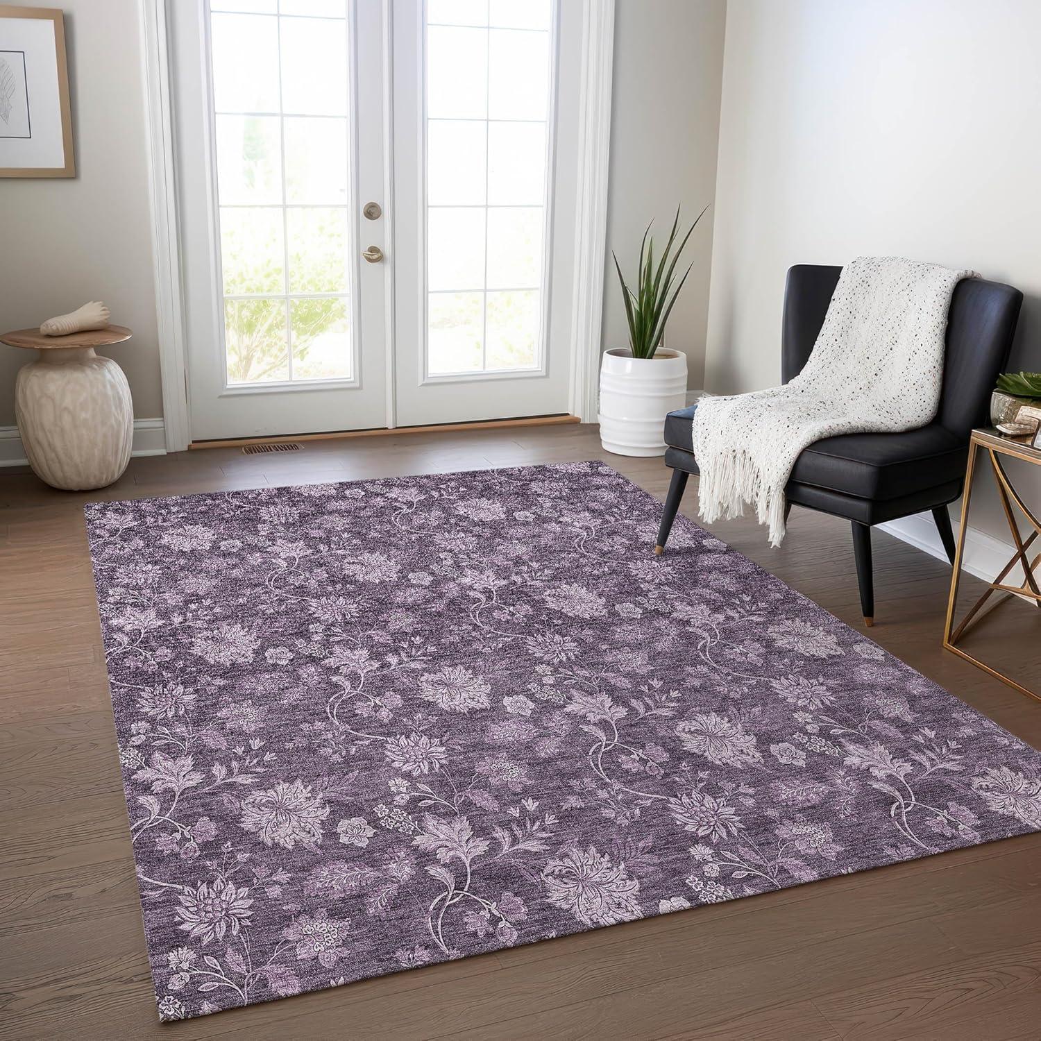 Plum Floral Rectangular Synthetic Indoor/Outdoor Area Rug