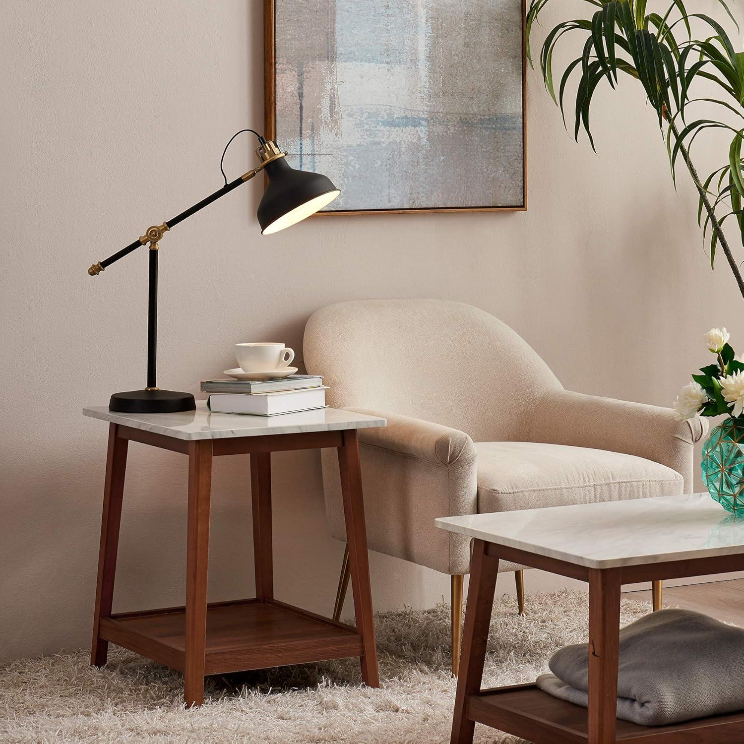 Walnut Faux Marble Top End Table with Storage Shelf