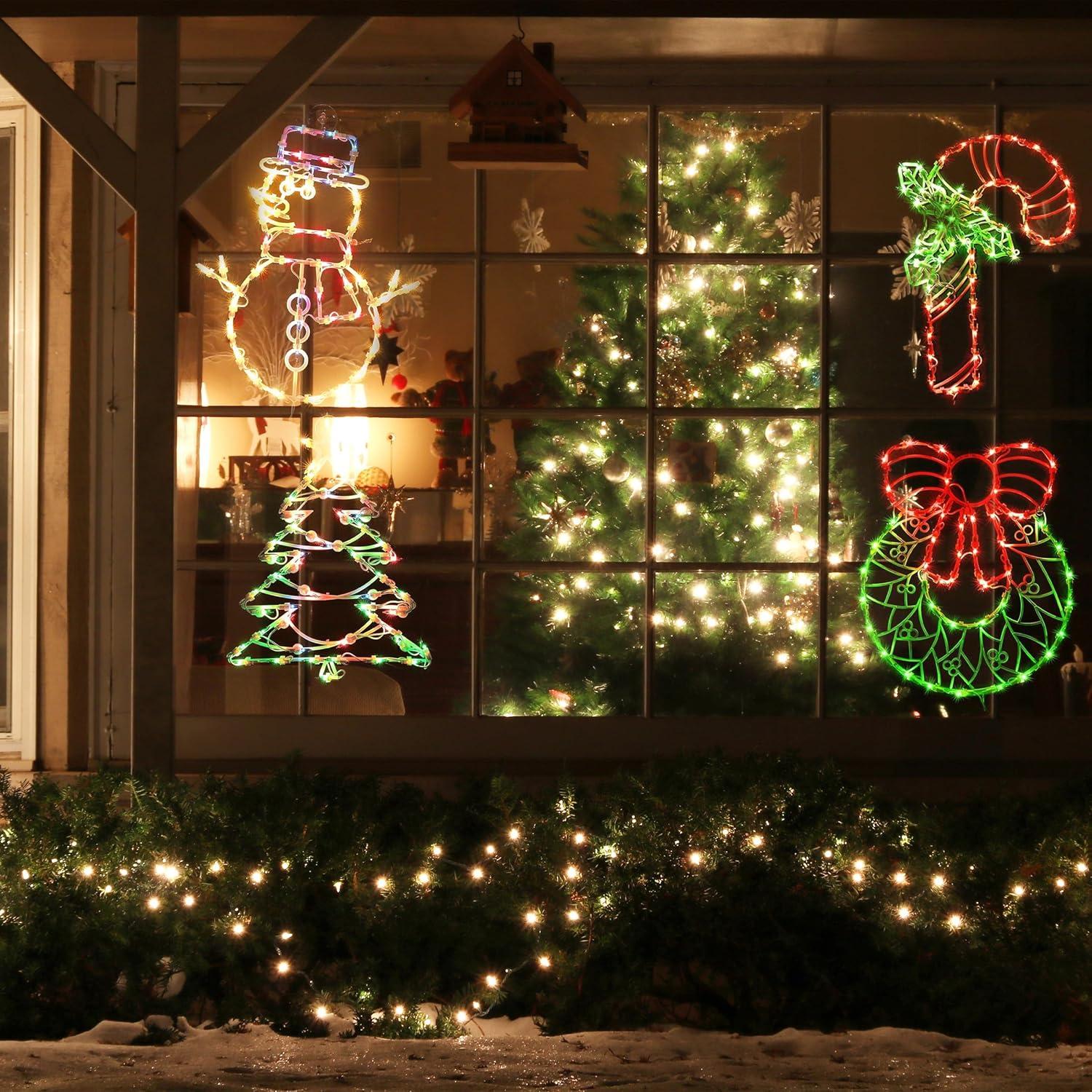 16 Inch Christmas Window Silhouette Lights Decorations, 4 Pack Waterproof Window Hanging Lights Elk, Christmas Tree, Santa Claus, Wreaths for Party, Home Indoor Outdoor Wall - 200 Mini Bulbs