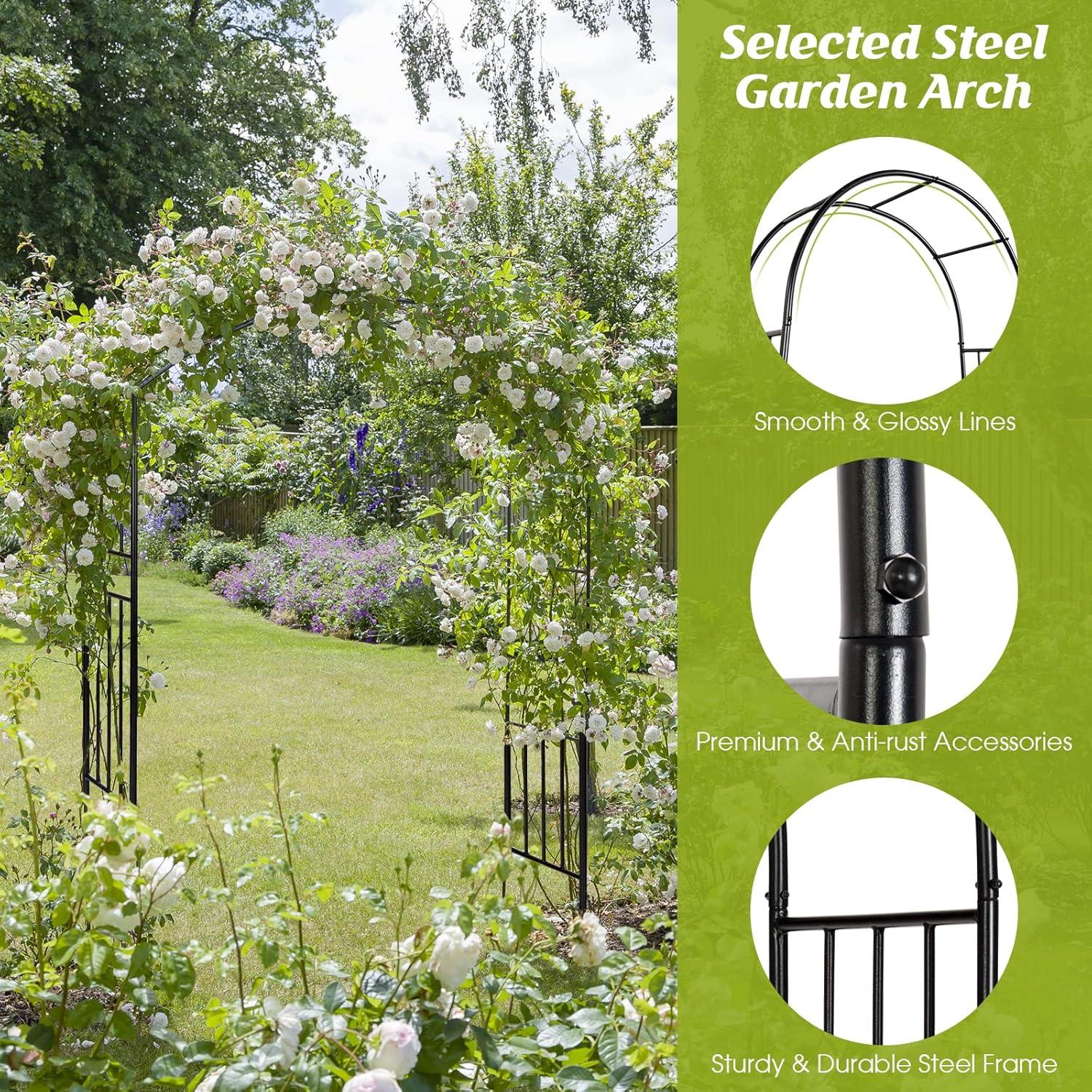 Gymax 7.2Ft Garden Arch Steel Arbor Wedding Garden Decoration Climbing Plants w/Stakes