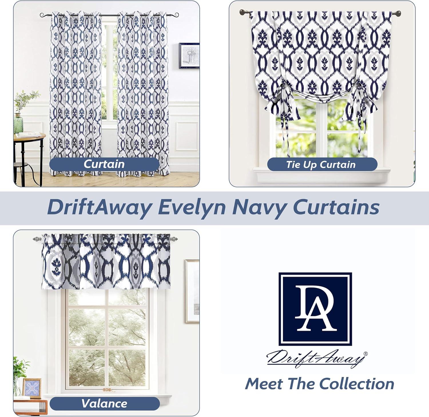 DriftAway Evelyn Ikat Fleur Floral Pattern Window Curtain Valance 14"L x 52"W Navy Blue