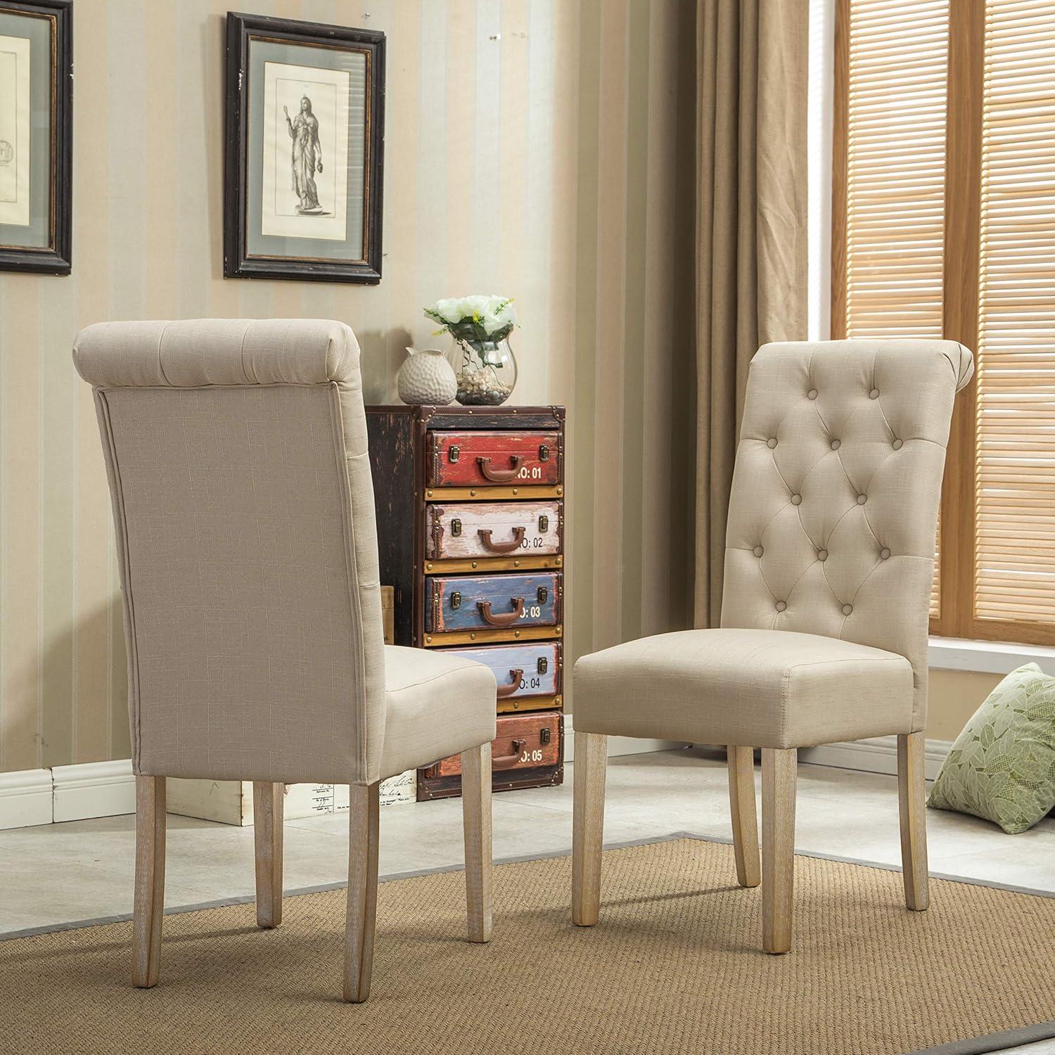 Roundhill Furniture Habit Solid Wood Tufted Parsons Dining Chair , Tan, Set of 2