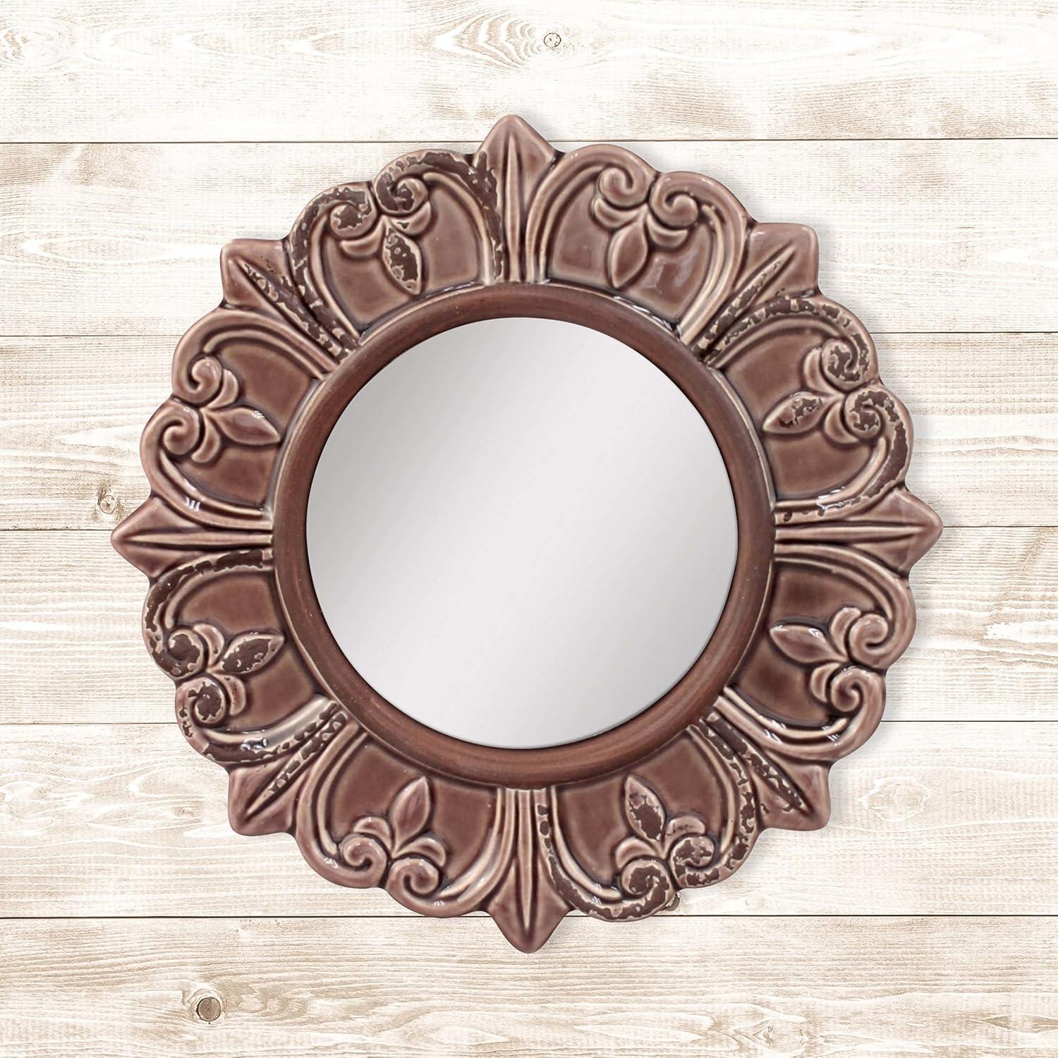 Elegant Parisian Fleur de Lis 9" Round Ceramic Wall Mirror in Warm Taupe